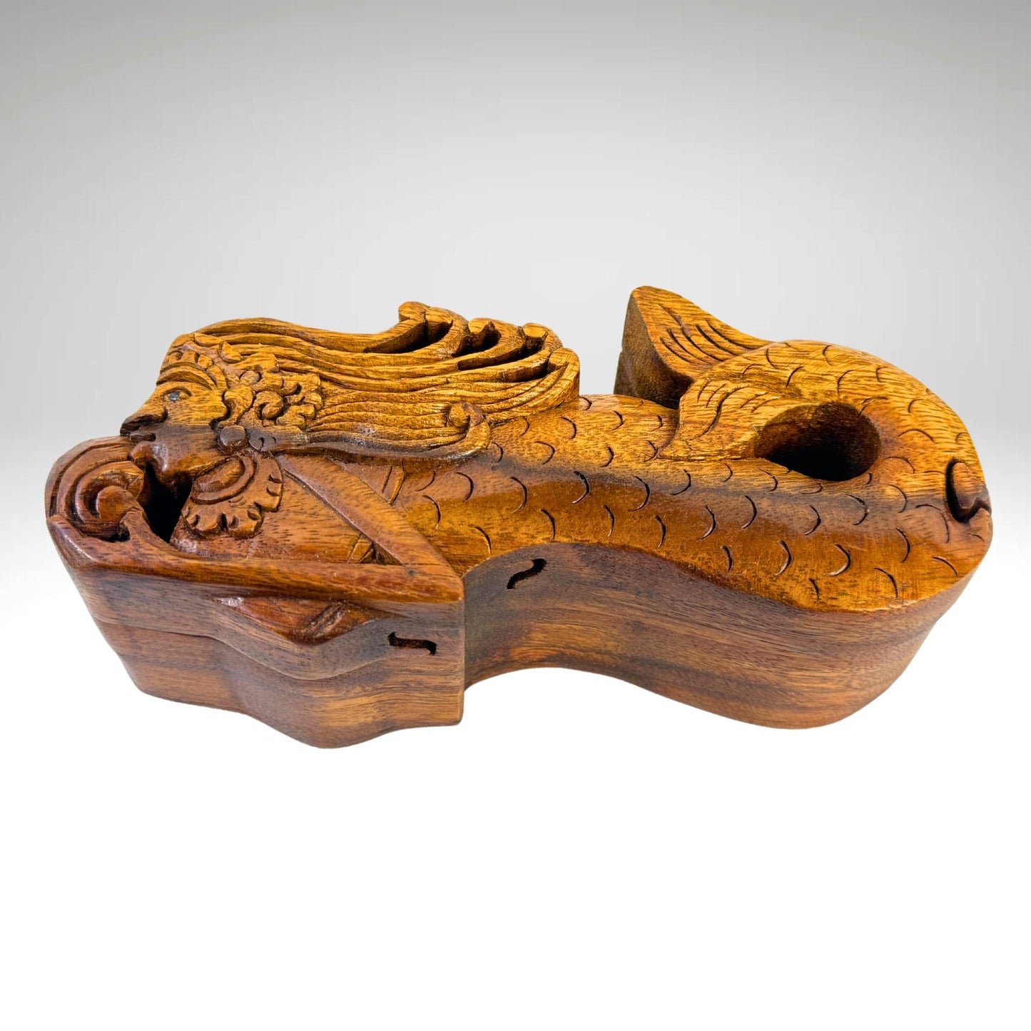Swimming Mermaid Sea Maid Secret Puzzle Box Stash Box Trinket Box Jewelry Gift Box Hand Carved Wood Nautical Art - Acadia World Traders