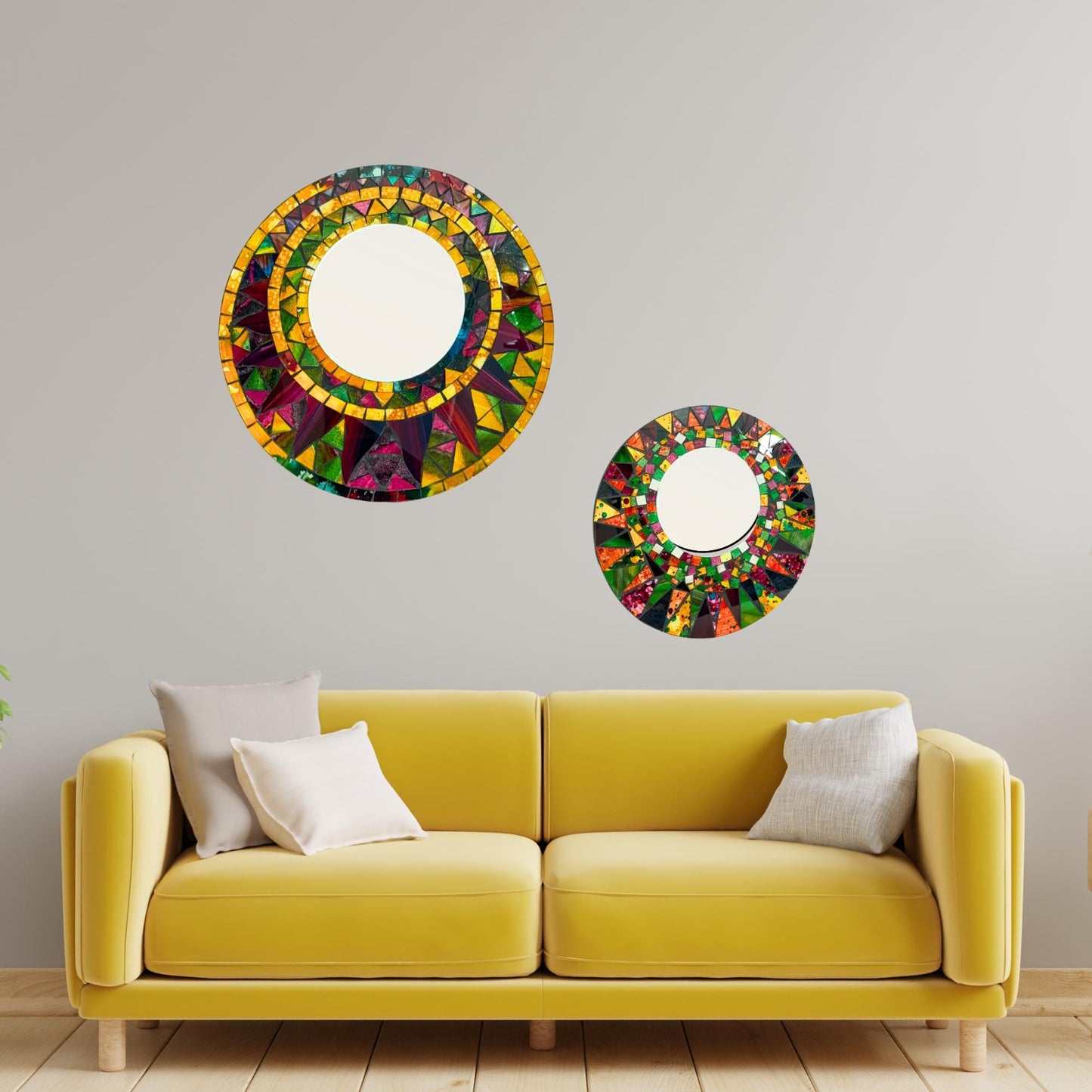 Sunburst Sun Mirror Mosaic Wall Art Plaque Panel Hand Painted Glass Bali Handicraft Boho Celestial Decor - Acadia World Traders