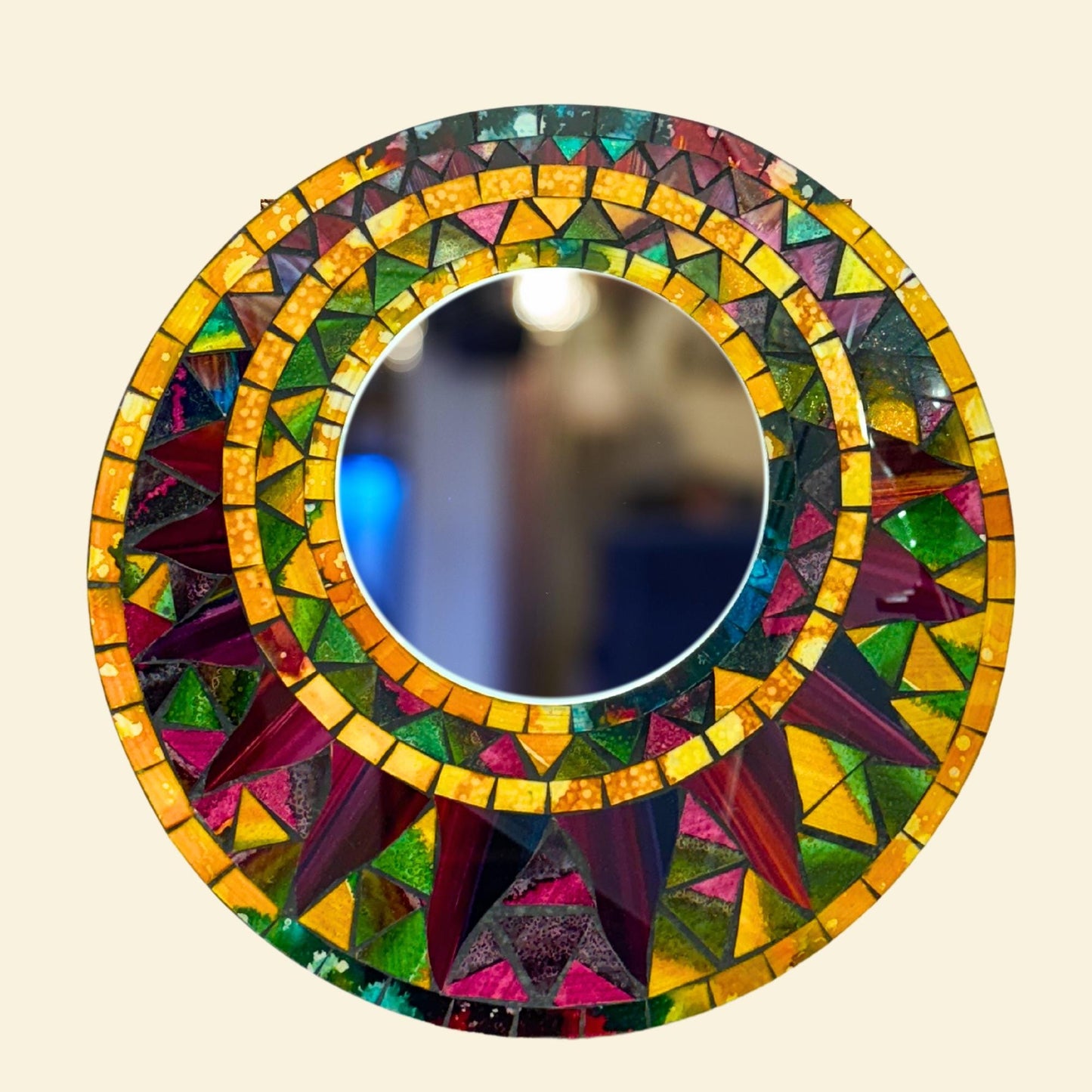 Sunburst Sun Mirror Mosaic Wall Art Plaque Panel Hand Painted Glass Bali Handicraft Boho Celestial Decor - Acadia World Traders