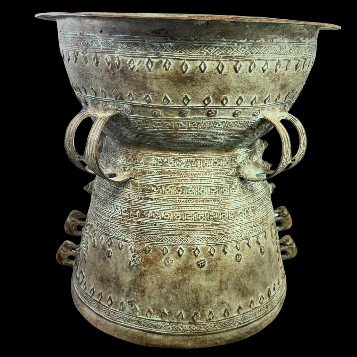 Vintage Rain Drum genuine Bronze Moko Garden side table plant stand Balinese Indonesian art Green Verdigris Patina - Acadia World Traders