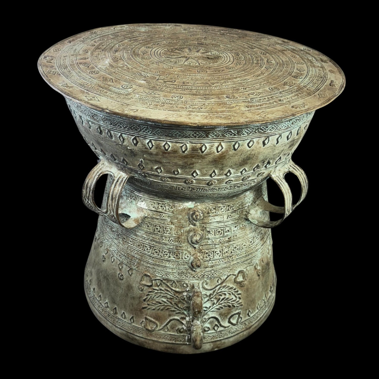 Vintage Rain Drum genuine Bronze Moko Garden side table plant stand Balinese Indonesian art Green Verdigris Patina - Acadia World Traders