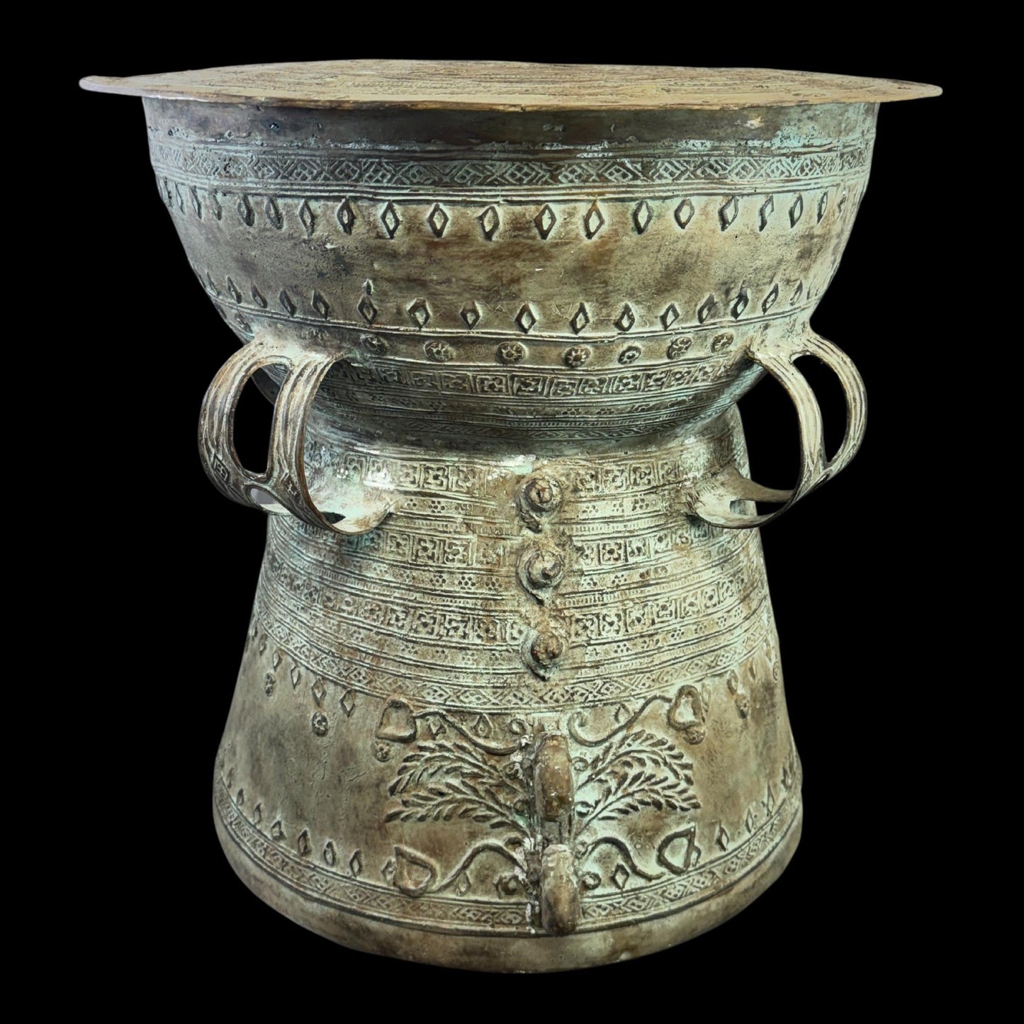 Vintage Rain Drum genuine Bronze Moko Garden side table plant stand Balinese Indonesian art Green Verdigris Patina - Acadia World Traders