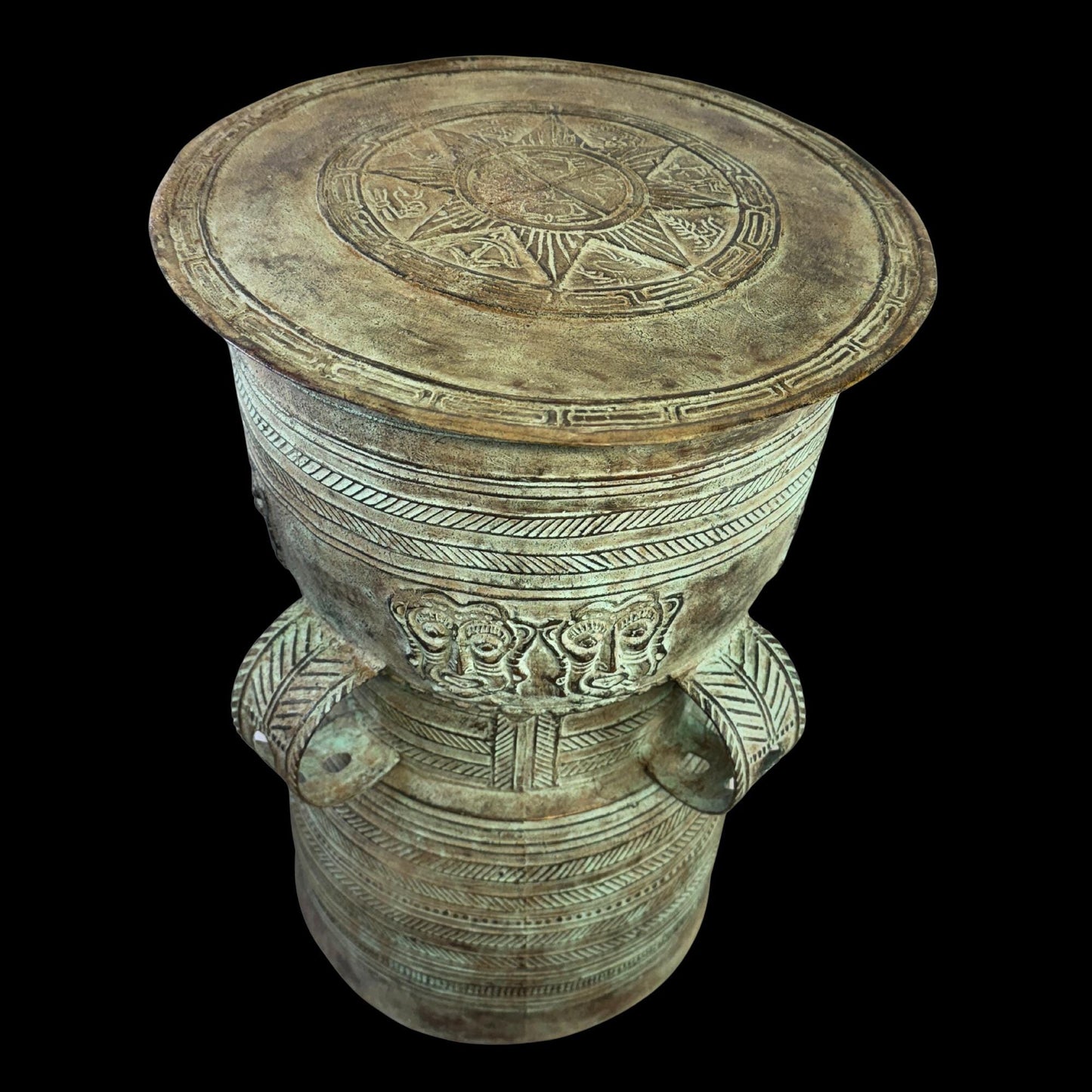 Vintage Rain Drum genuine Bronze Moko Garden side table plant stand Balinese Indonesian art Green Verdigris Patina - Acadia World Traders