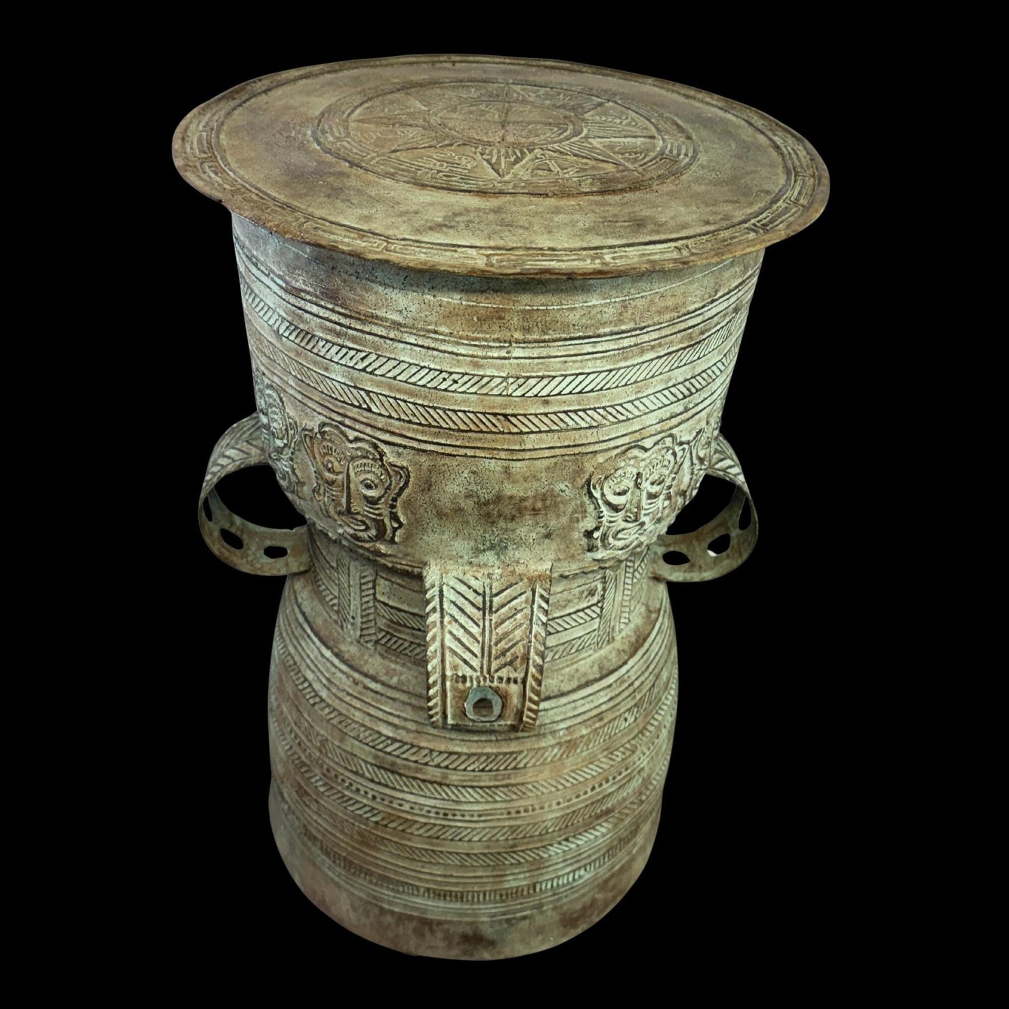 Vintage Rain Drum genuine Bronze Moko Garden side table plant stand Balinese Indonesian art Green Verdigris Patina - Acadia World Traders