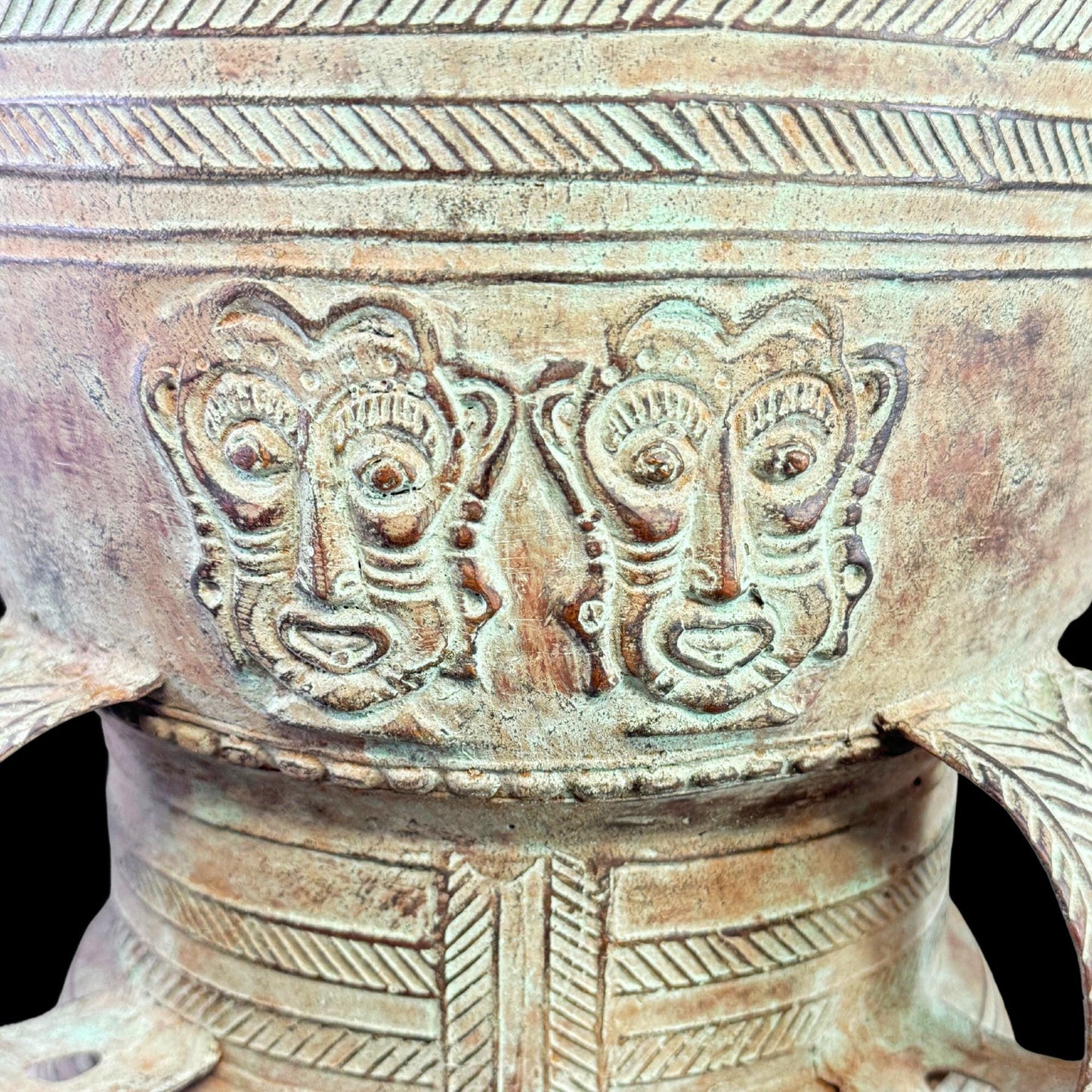 Vintage Rain Drum genuine Bronze Moko Garden side table plant stand Balinese Indonesian art Green Verdigris Patina - Acadia World Traders