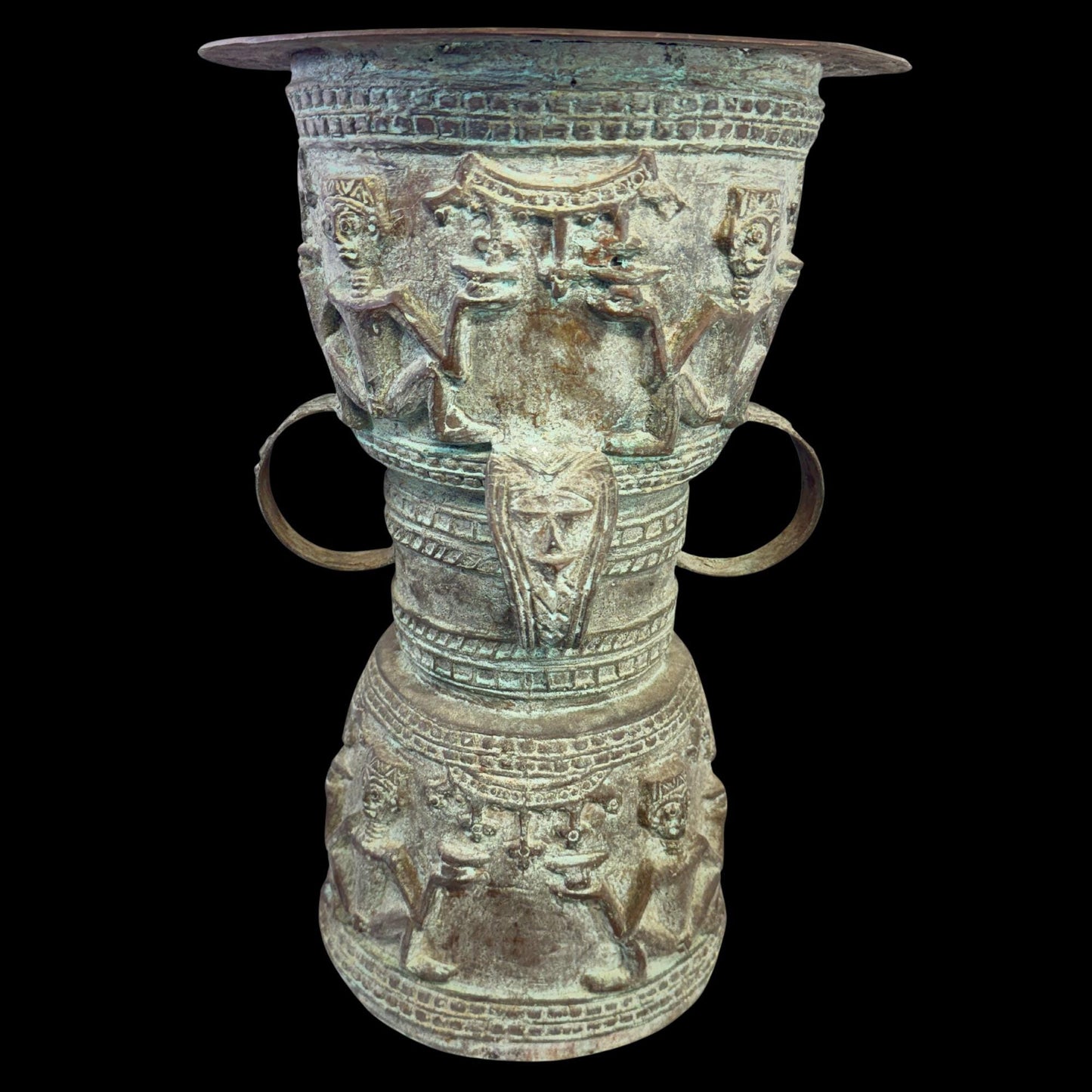 Vintage Rain Drum genuine Bronze Moko Garden side table plant stand Balinese Indonesian art Green Verdigris Patina - Acadia World Traders