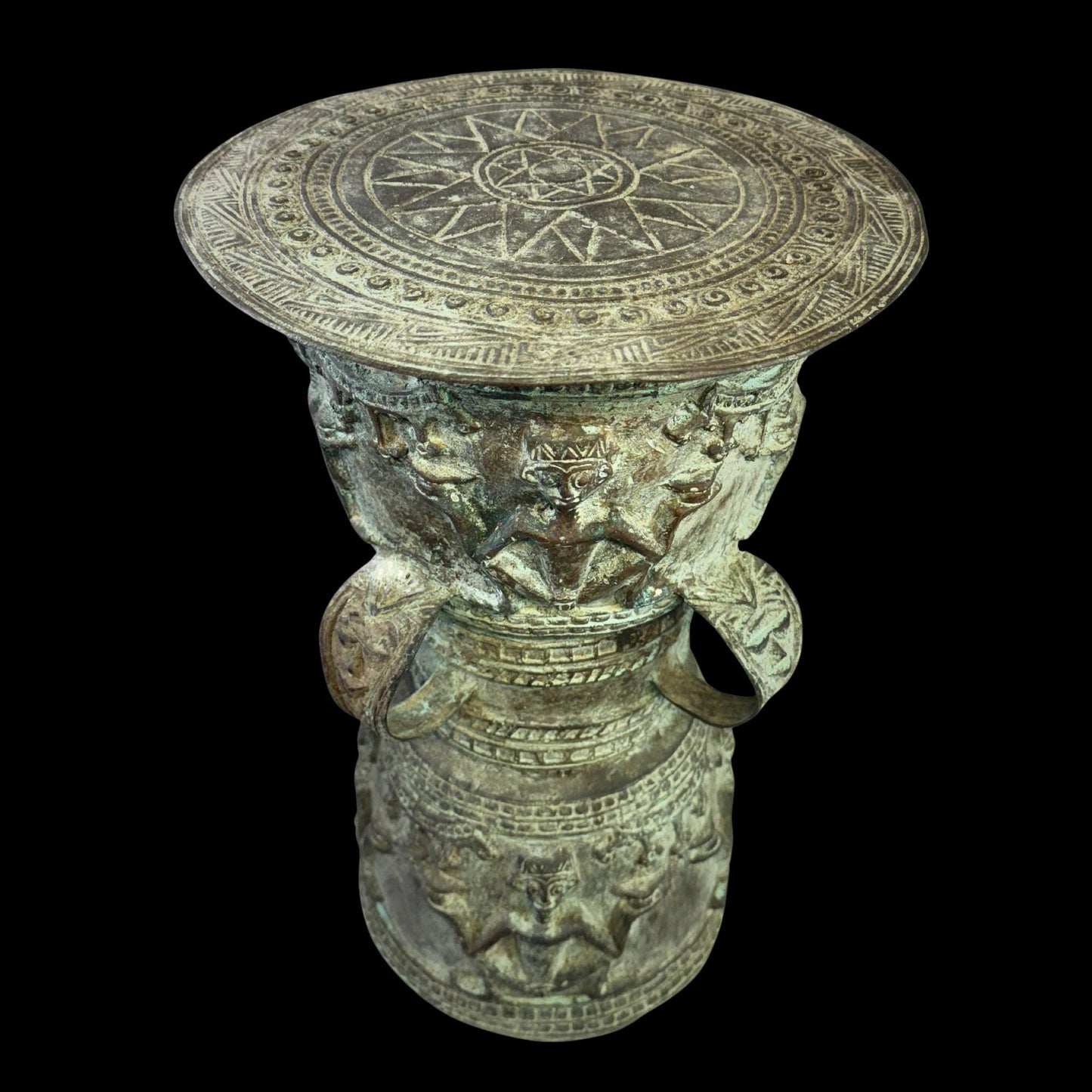 Vintage Rain Drum genuine Bronze Moko Garden side table plant stand Balinese Indonesian art Green Verdigris Patina - Acadia World Traders