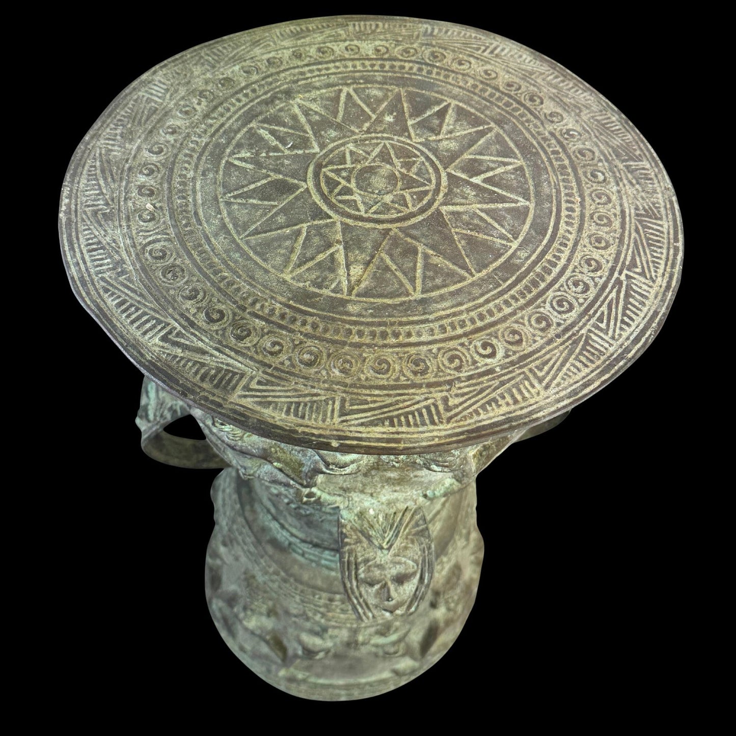 Vintage Rain Drum genuine Bronze Moko Garden side table plant stand Balinese Indonesian art Green Verdigris Patina - Acadia World Traders