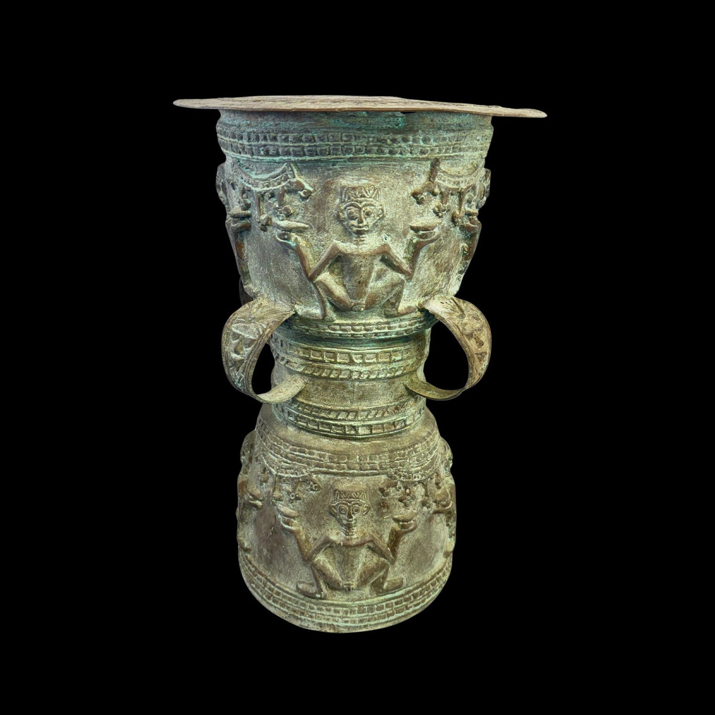 Vintage Rain Drum genuine Bronze Moko Garden side table plant stand Balinese Indonesian art Green Verdigris Patina - Acadia World Traders