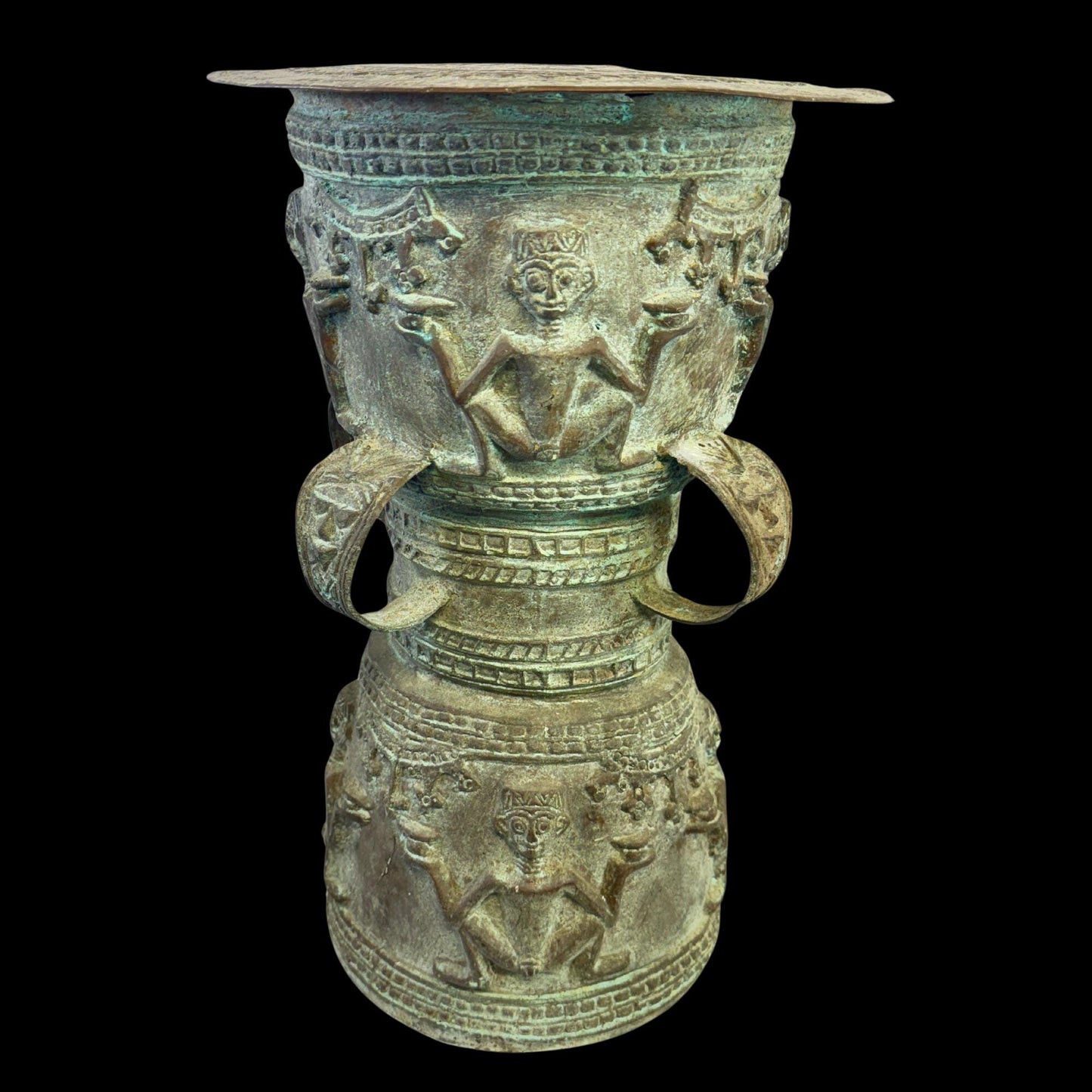 Vintage Rain Drum genuine Bronze Moko Garden side table plant stand Balinese Indonesian art Green Verdigris Patina - Acadia World Traders