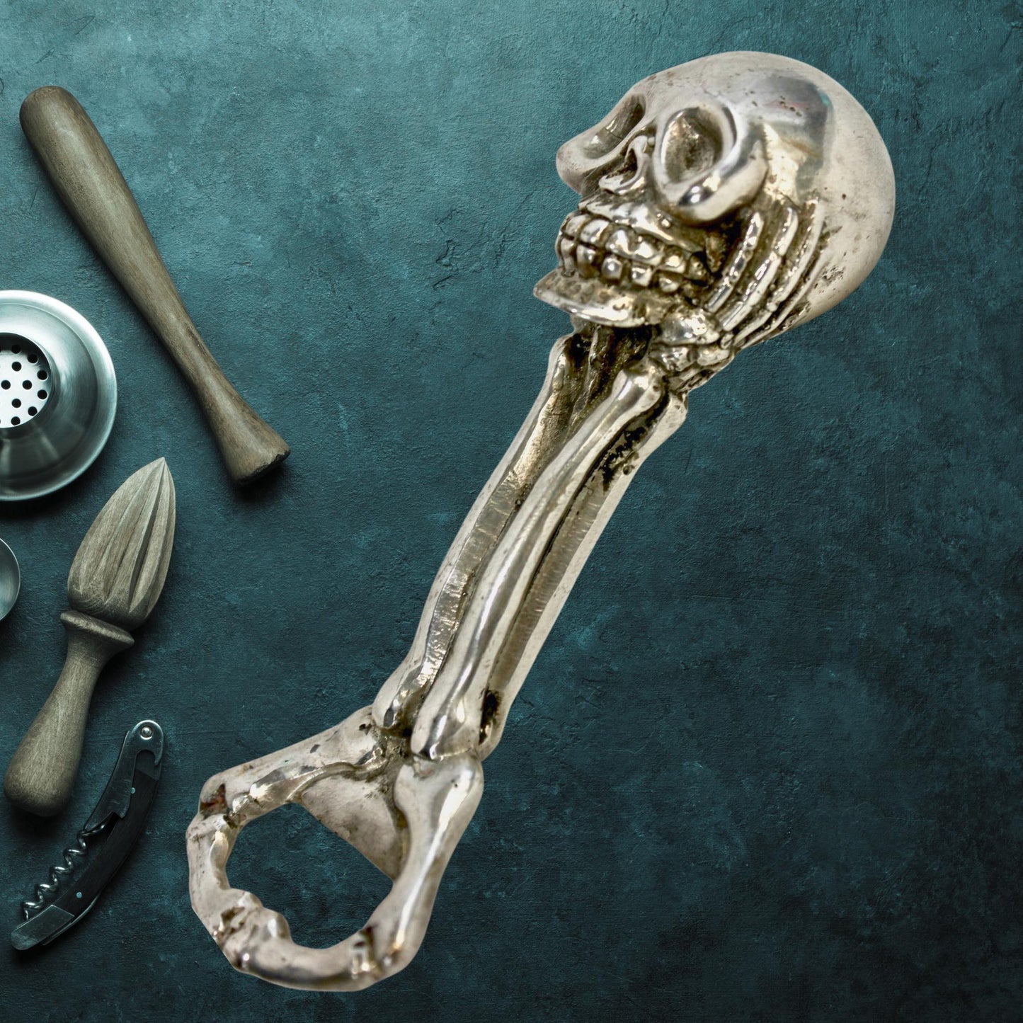 Handmade Bronze Skull & Bones Bottle Opener Lost Wax Cast Metal Barware