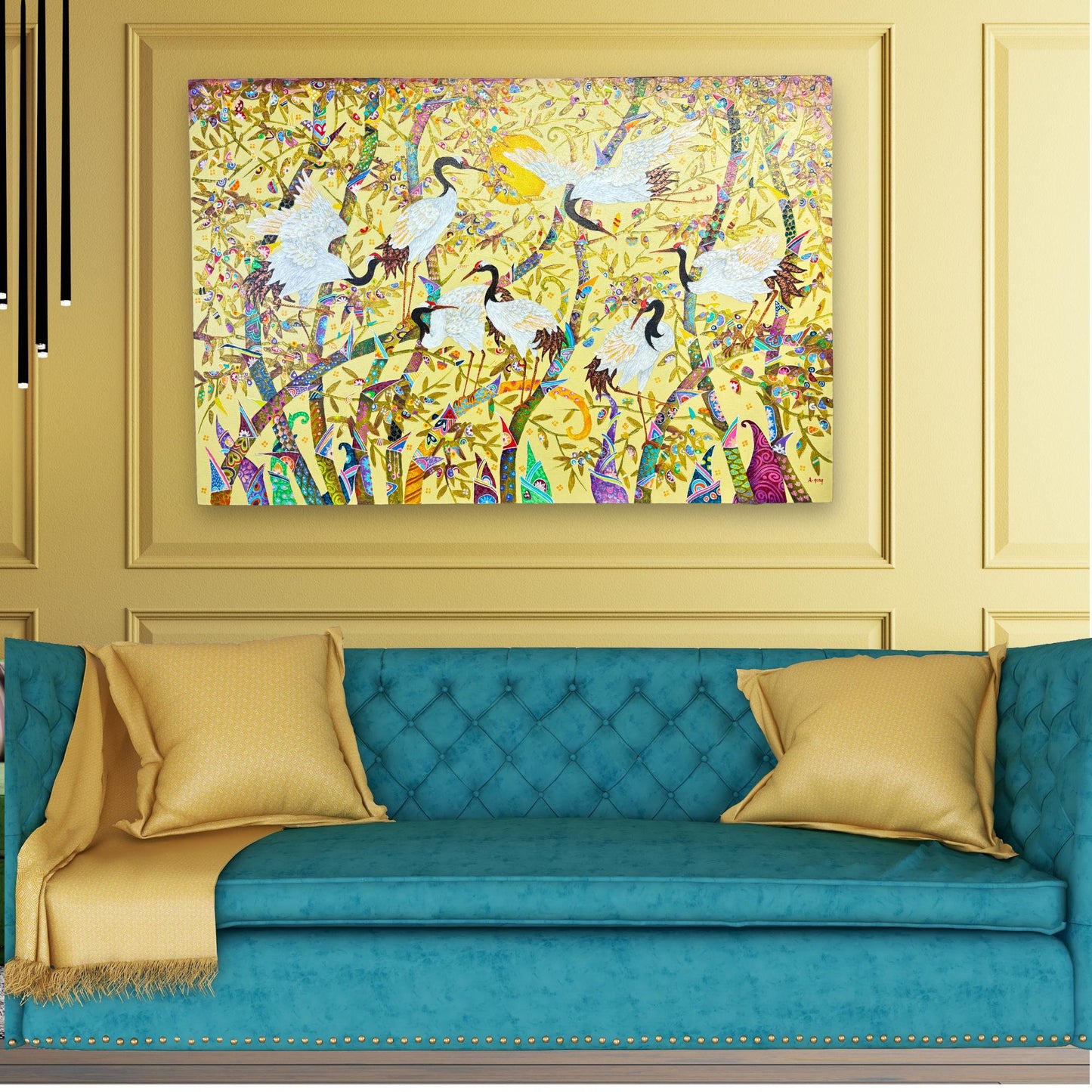 Crane & Bamboo acrylic Painting Signed Balinese Wall Art, Bohemian Decor
