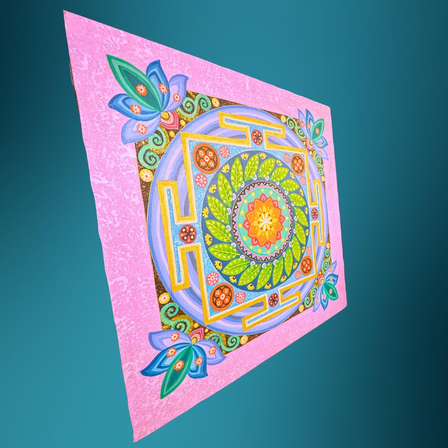 Lotus Mandala Painting Hand Painted Acrylic on Canvas Wall Art Sacred Geometry Balinese Artist Painting 40" - Acadia World Traders
