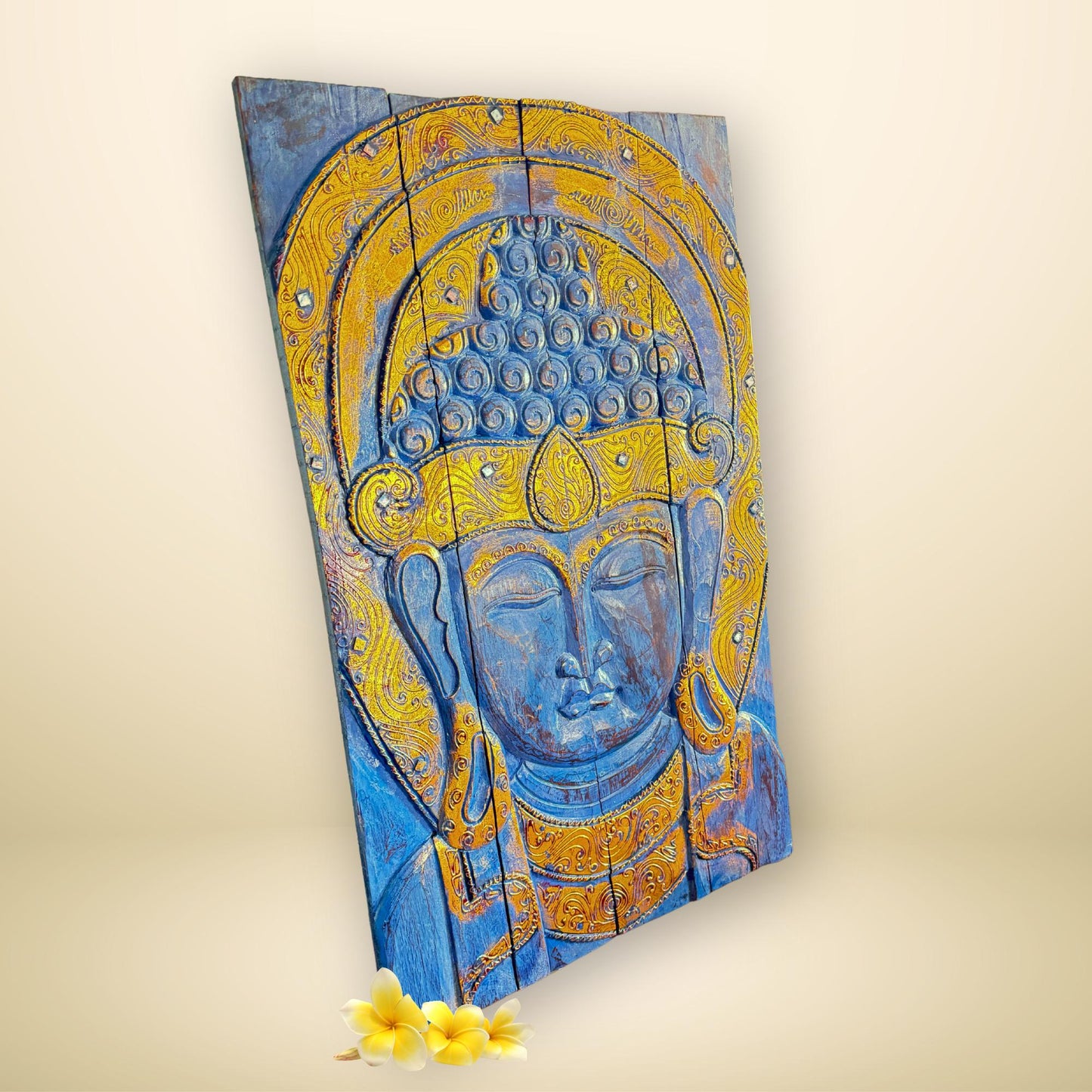 Blue Buddha Hand Carved Wooden Relief Panel Wall Art Folding Screen Wood Carving Balinese Eclectic Asian Style Boho Decor Gold Blue - Acadia World Traders