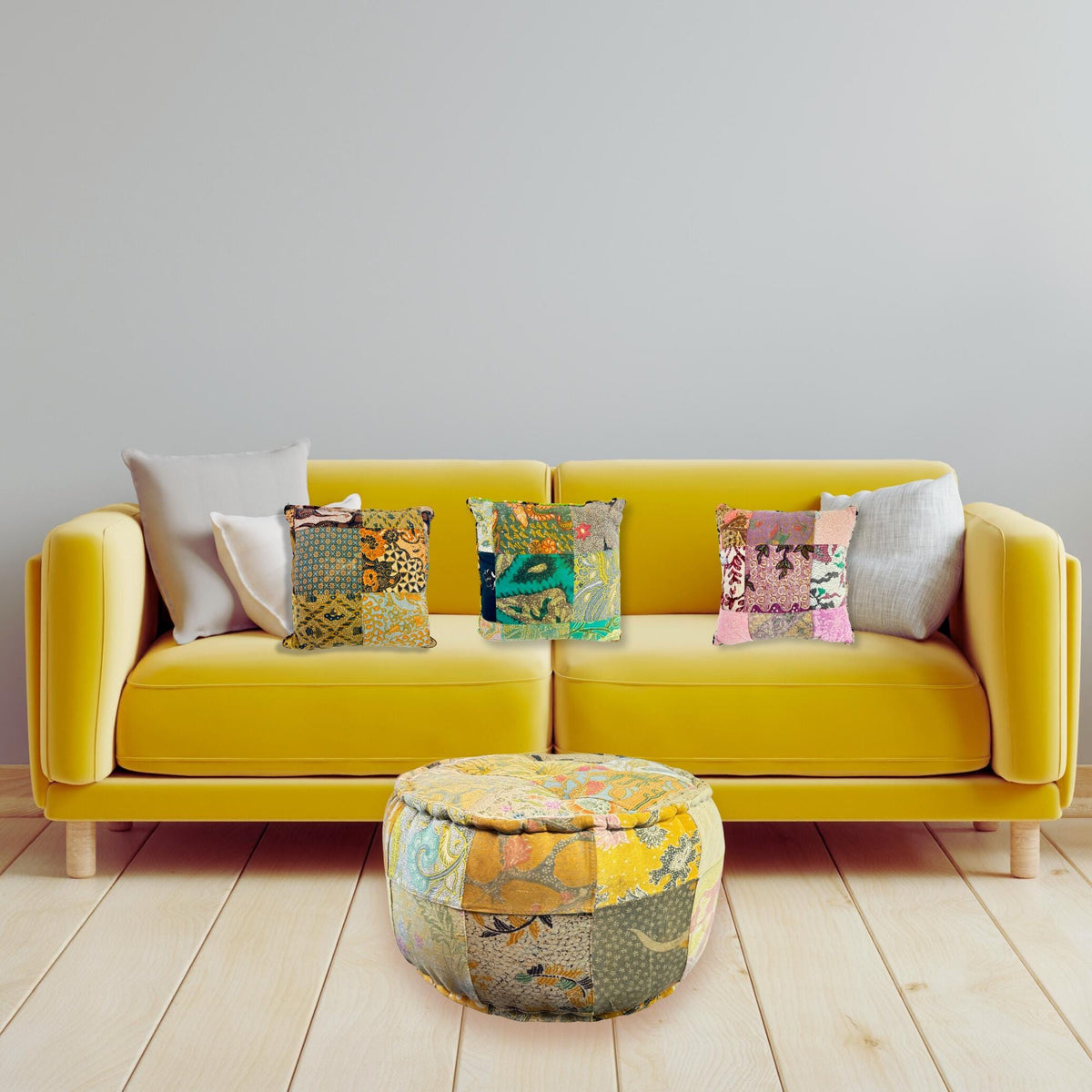 Handmade Batik Patchwork Pillow: Vintage Repurposed Fabric, Organic Kapok Fill