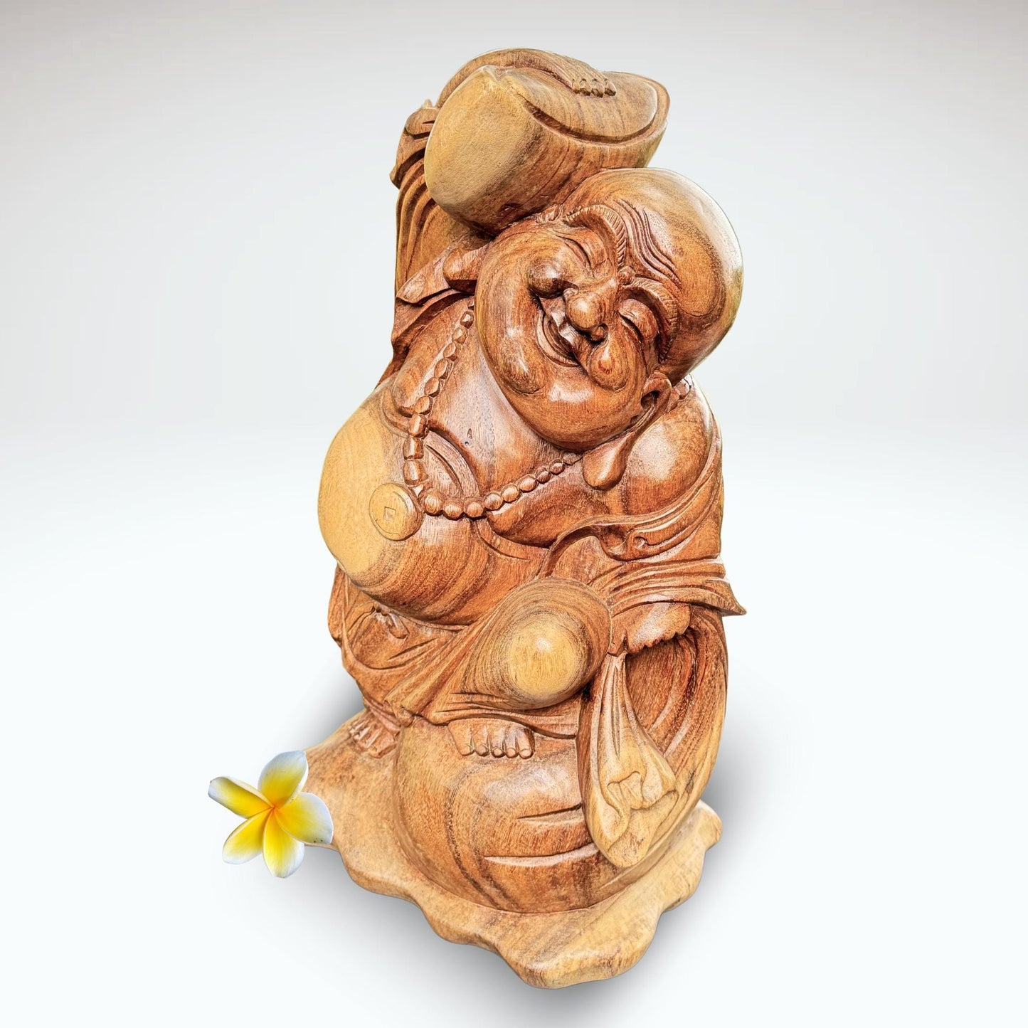 20" Hand Carved Suar Wood Laughing Buddha Statue: Balinese Good Luck Decor