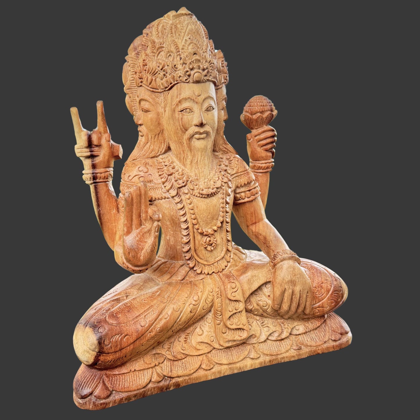 Hand Carved Trimurti Sculpture: Balinese Shiva Brahma Vishnu Wood Statue