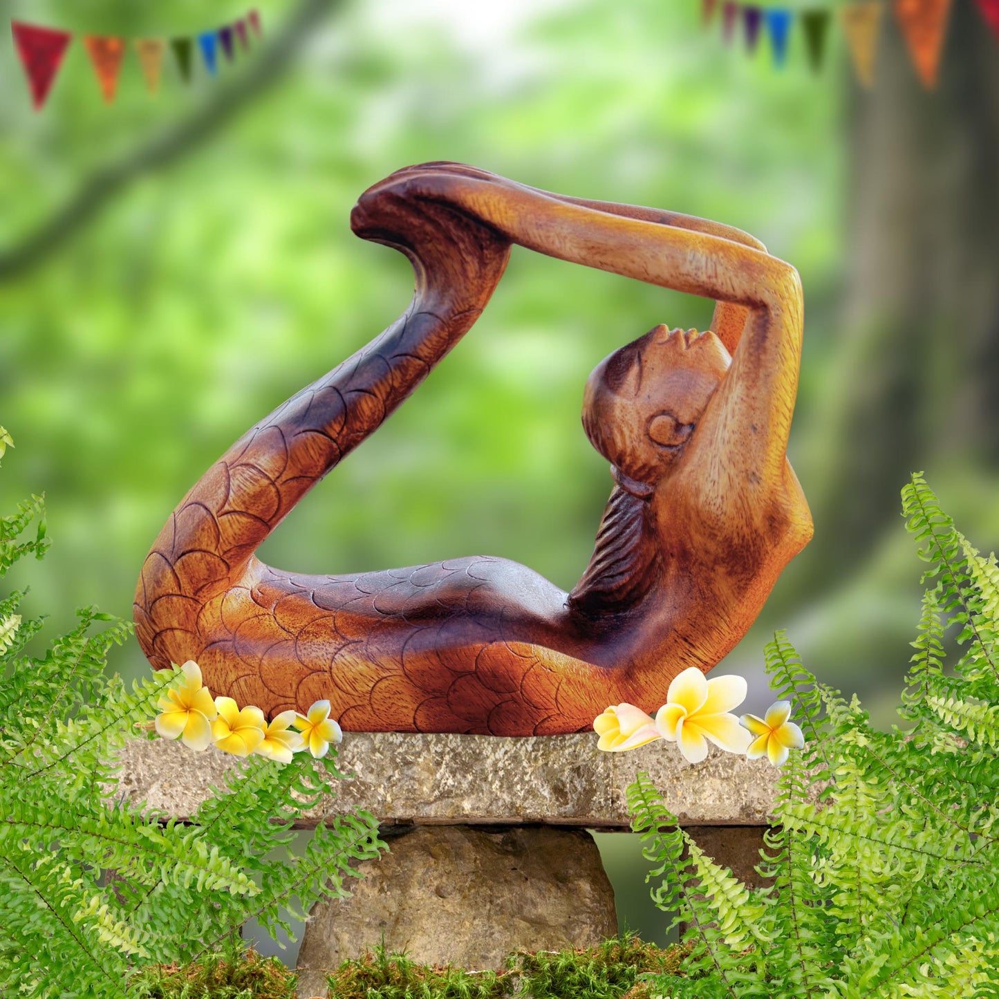 Yoga Mermaid Statue Figurine Dhanurasana Bow Pose Bali Hand Carved Wood Carving Balinese Art