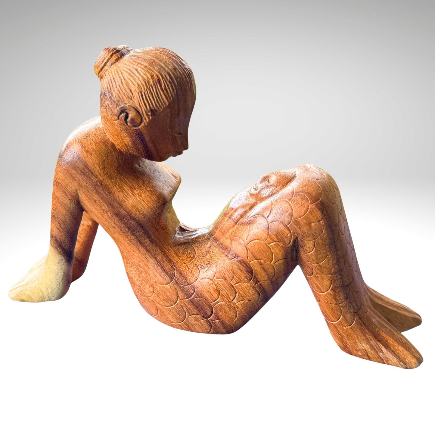 Hand Carved Mermaid Mother & Baby Statue: Balinese Wood Carving Sculpture, Bali Art