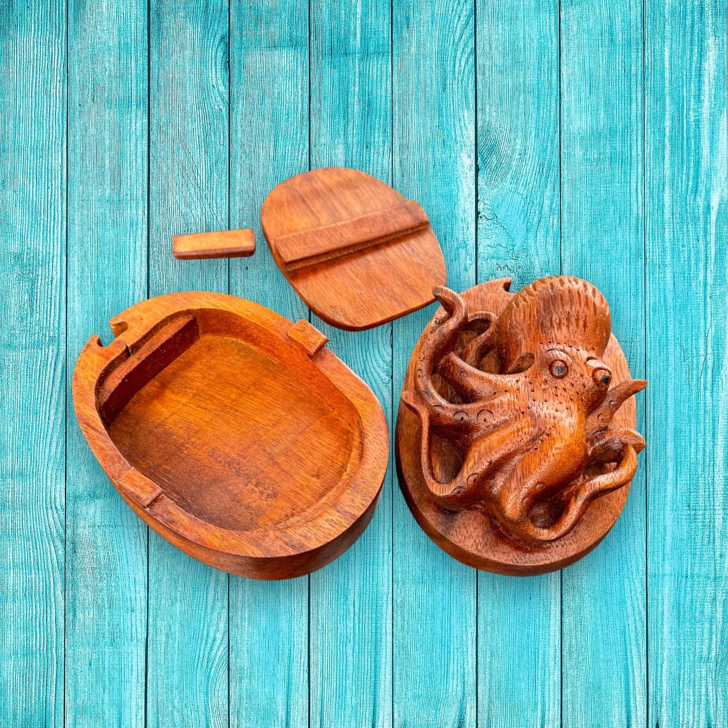 Hand Carved Octopus Puzzle Box: Suar Wood Nautical Stash Box