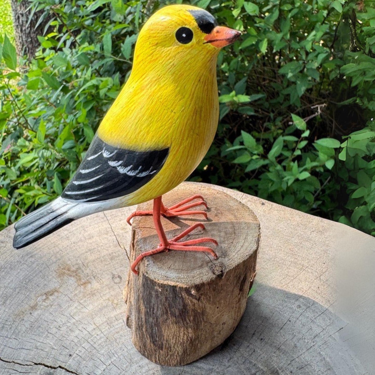 Hand Carved Gold Finch Sculpture: Bali Wood Bird Art