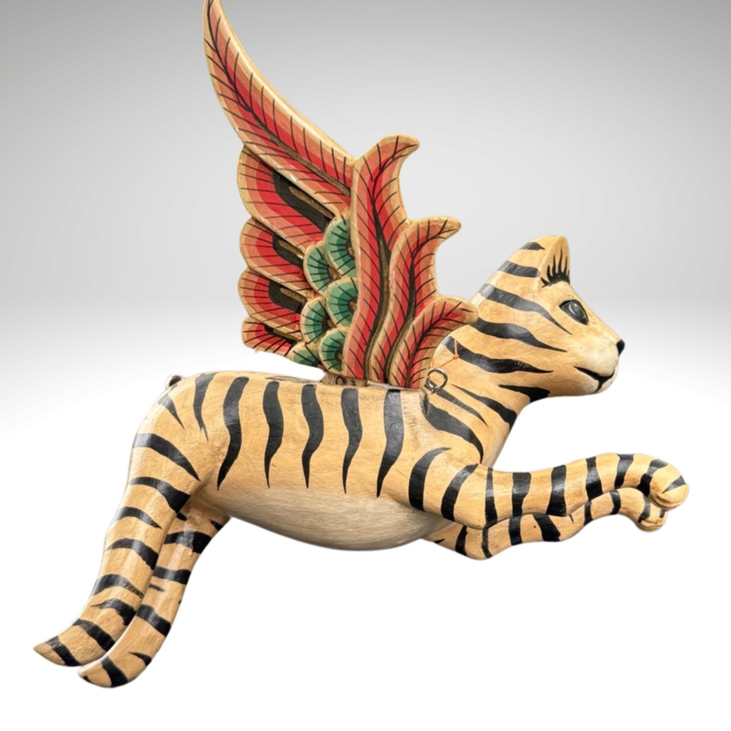 Winged Striped Flying Tiger Cat Mobile Demon Chaser Carved Wood Balinese Folk Art