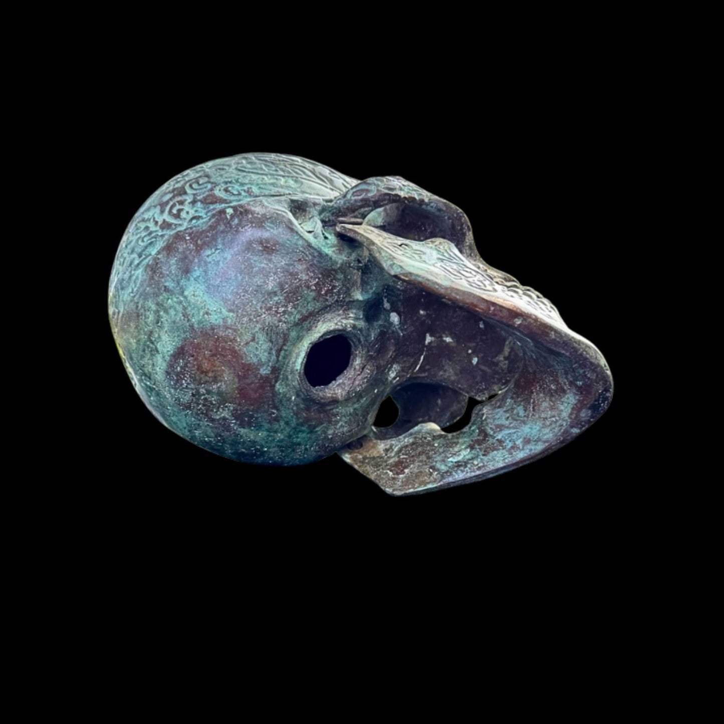 Bronze Skull Statue: Verdigris Finish, Hinged Jaw, Gothic Decor