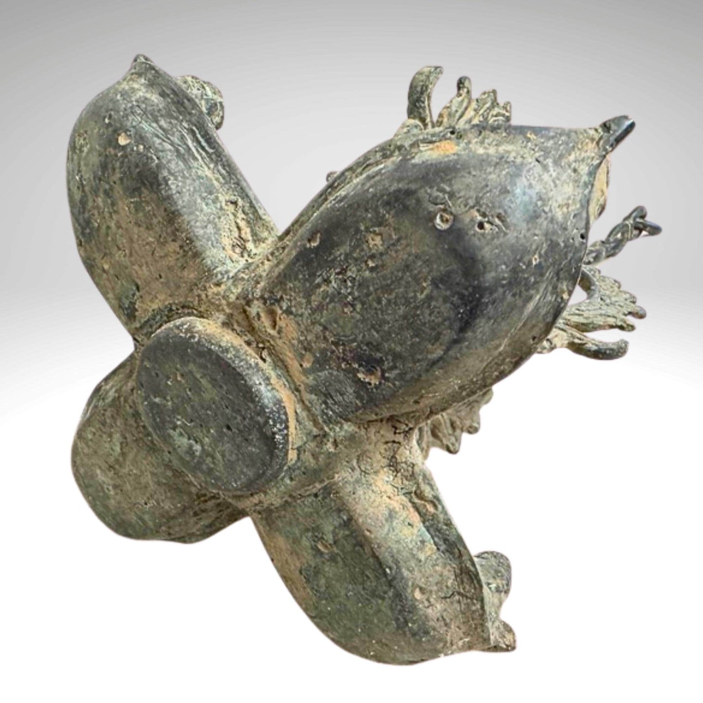 Vintage Bronze Rooster Oil Lamp: Balinese Chicken Temple Lantern, Verdigris Patina