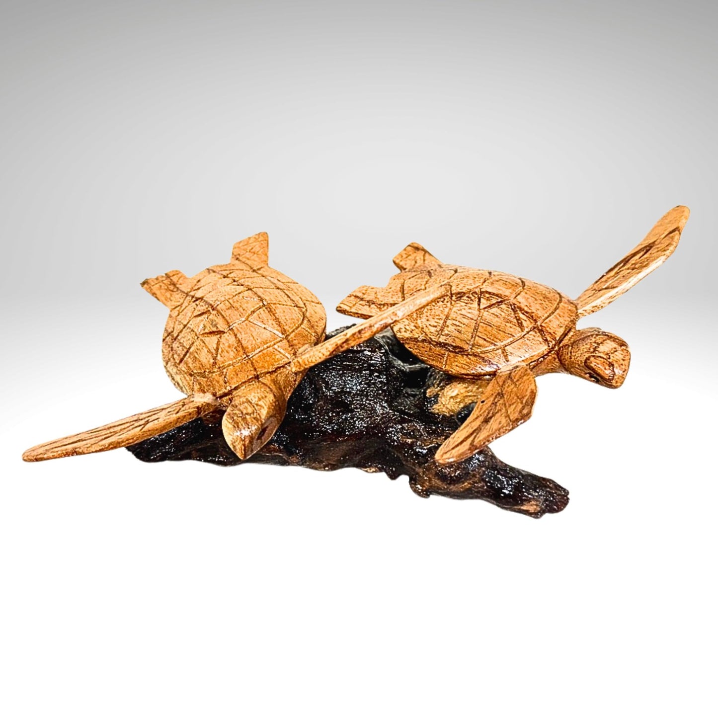 Hand Carved Double Sea Turtle Sculpture: Balinese Wood Carving, Sea-life Statue Art
