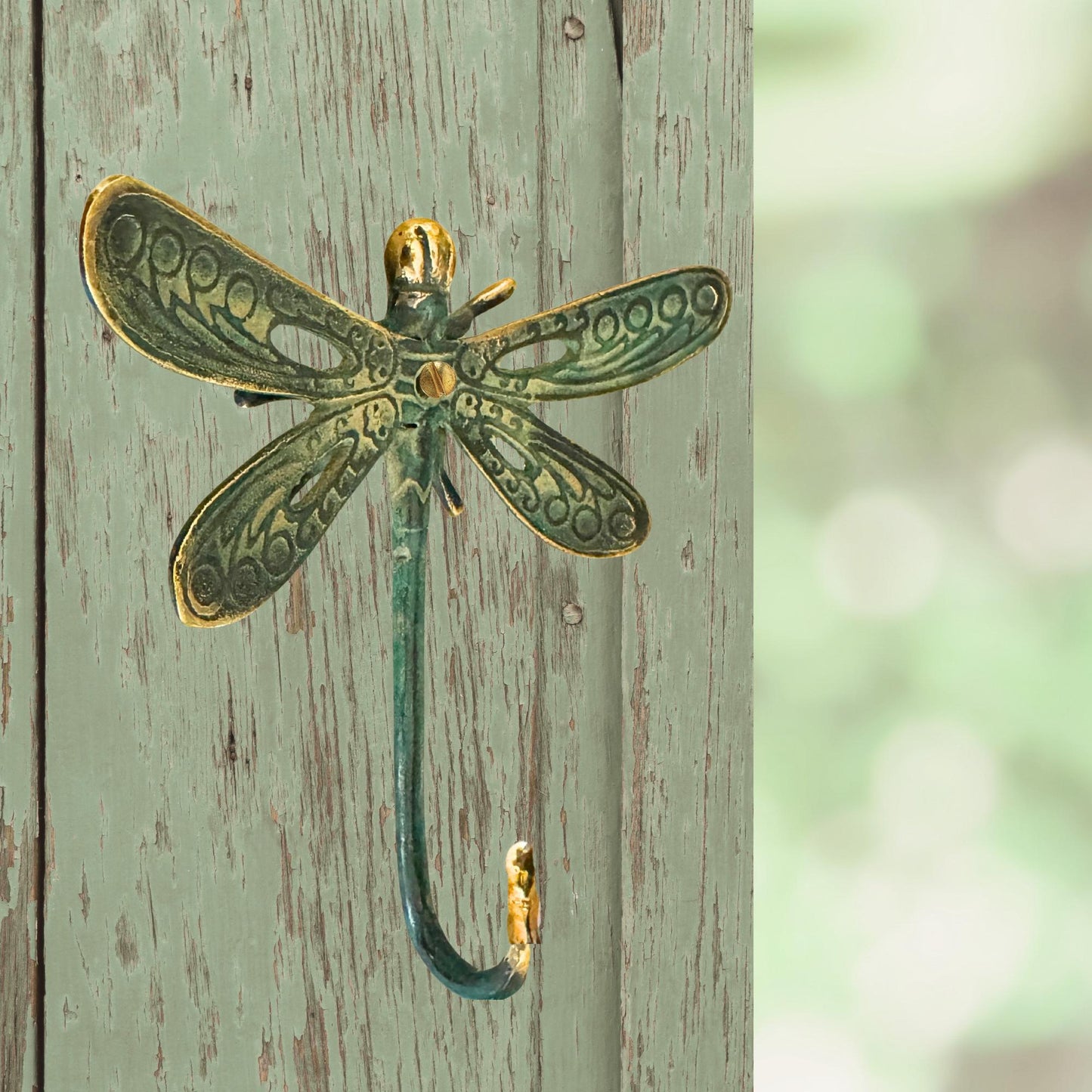 Dragonfly Wall Coat Hook Handmade Verdigris Green solid cast Bronze Metal Handmade Balinese Art