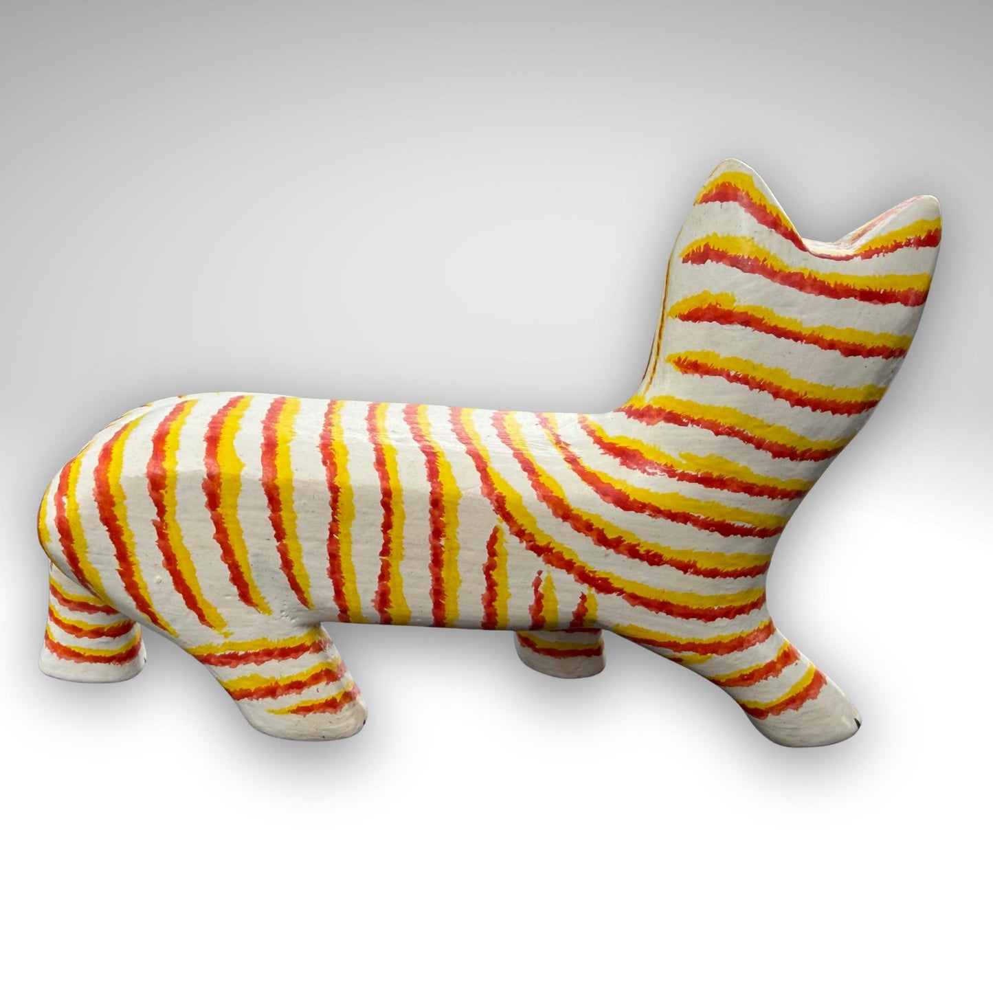 Playful Slinky Cat Statue, Hand Carved Wood & Colorfully Painted, Balinese Folk Art