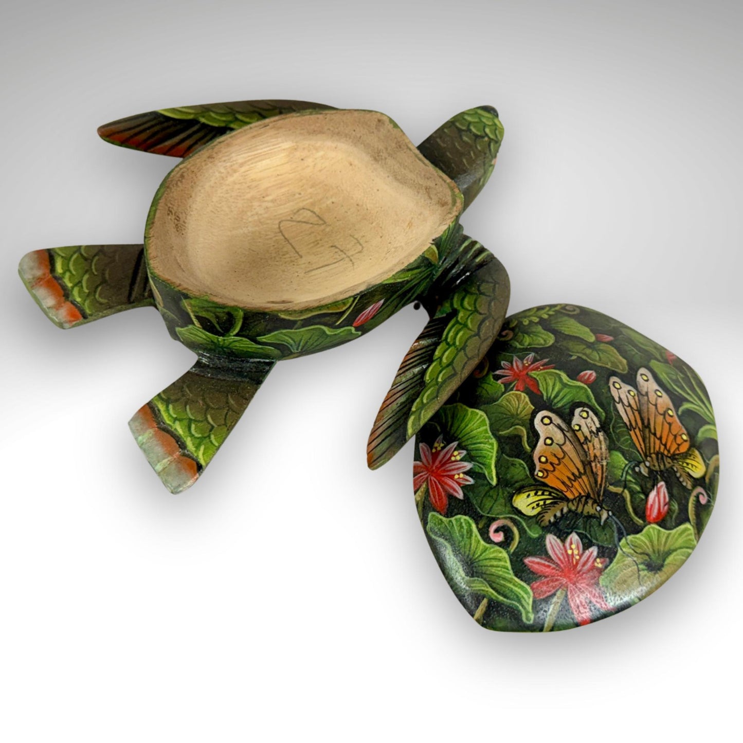 Sea Turtle Jewelry Box - Hand Carved Wood & Painted Trinket Box - Balinese Art