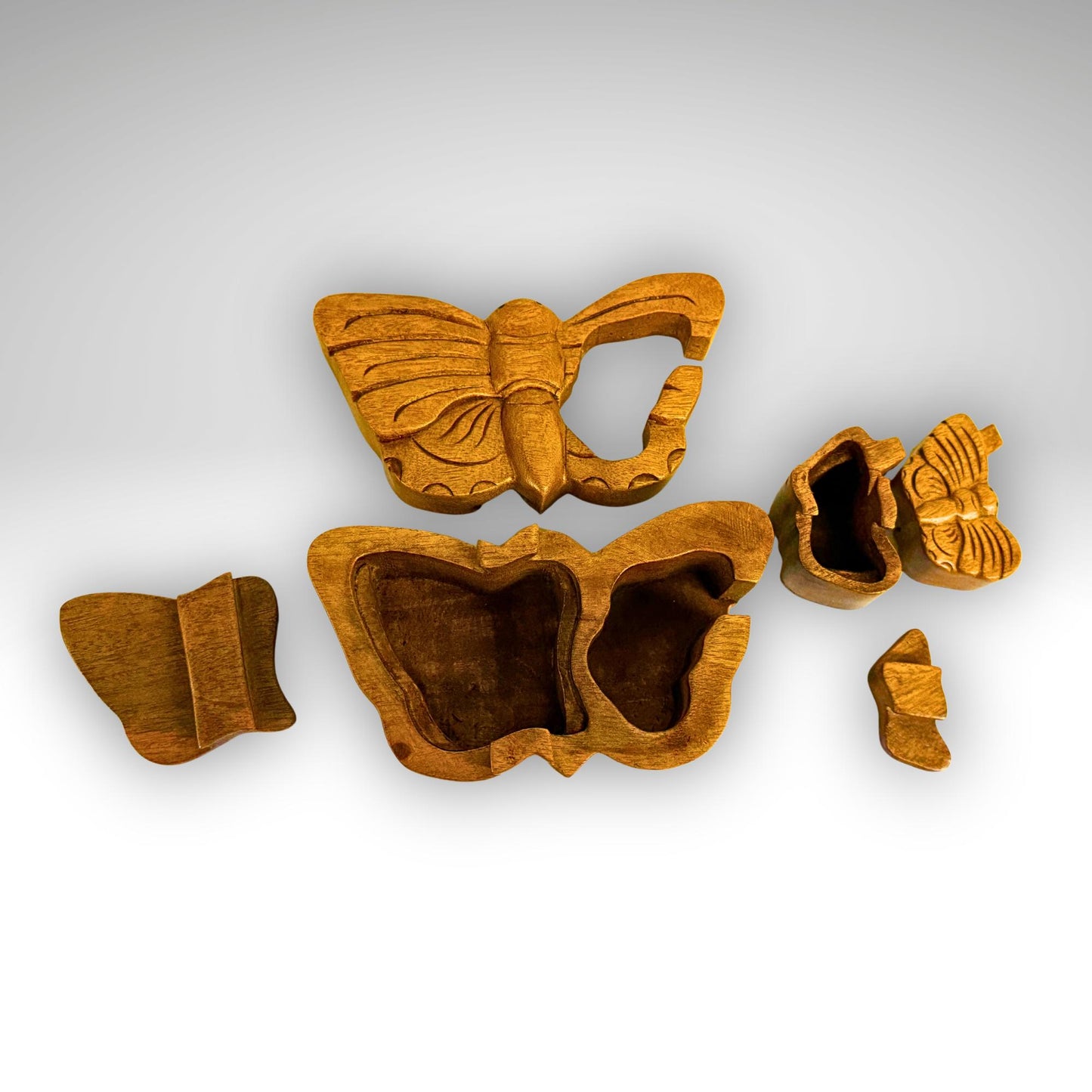 Hand Carved Double Butterfly Secret Puzzle Box: Wood Trinket Stash Box