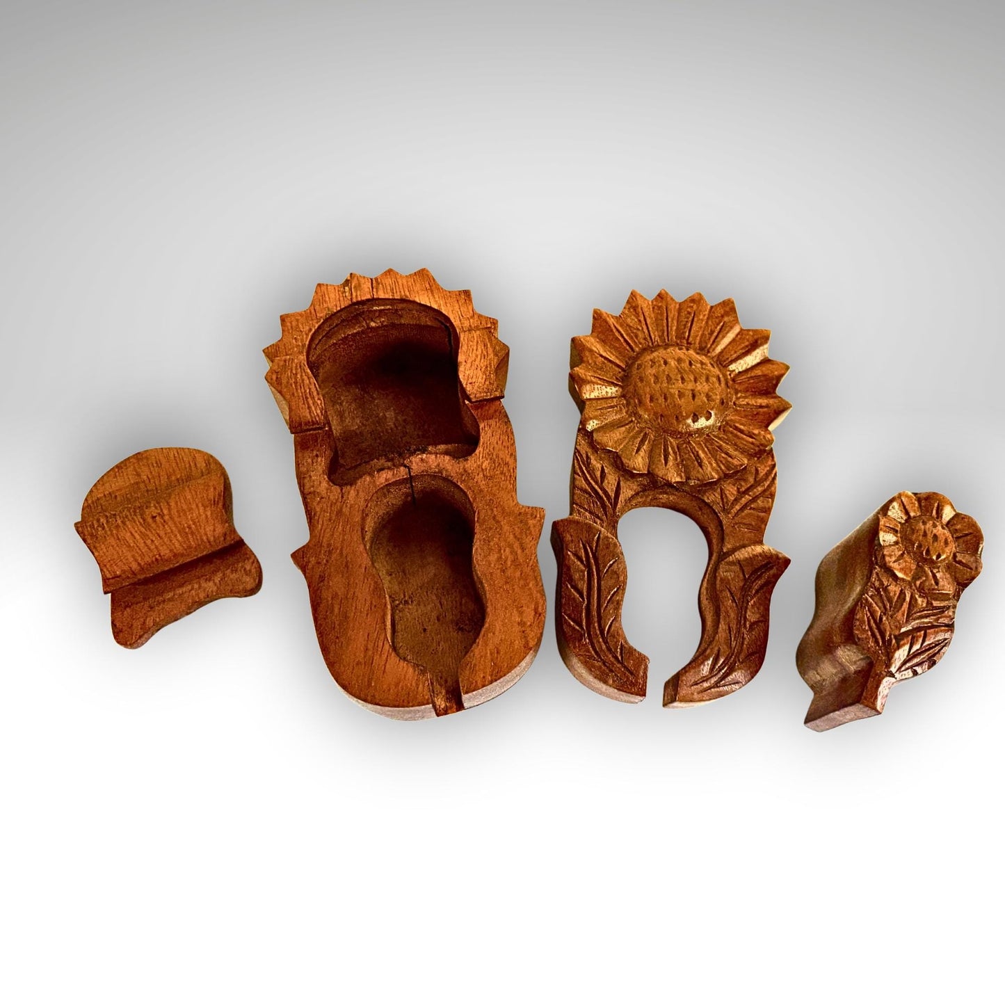 Hand Carved Double Sunflower Secret Box: Wood Puzzle Stash Box
