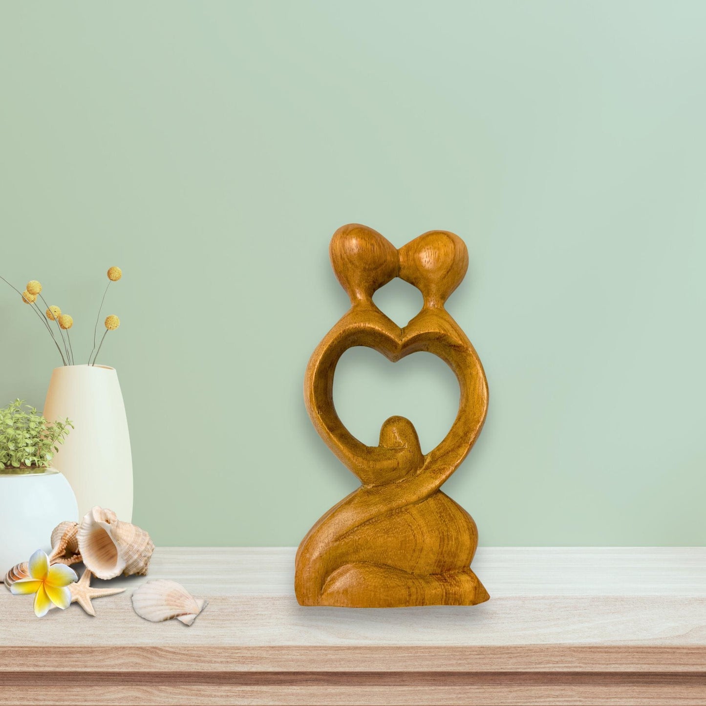 Balinese Abstract Heart Loving Couple Sculpture - Hand Carved Wood Statue Bali art