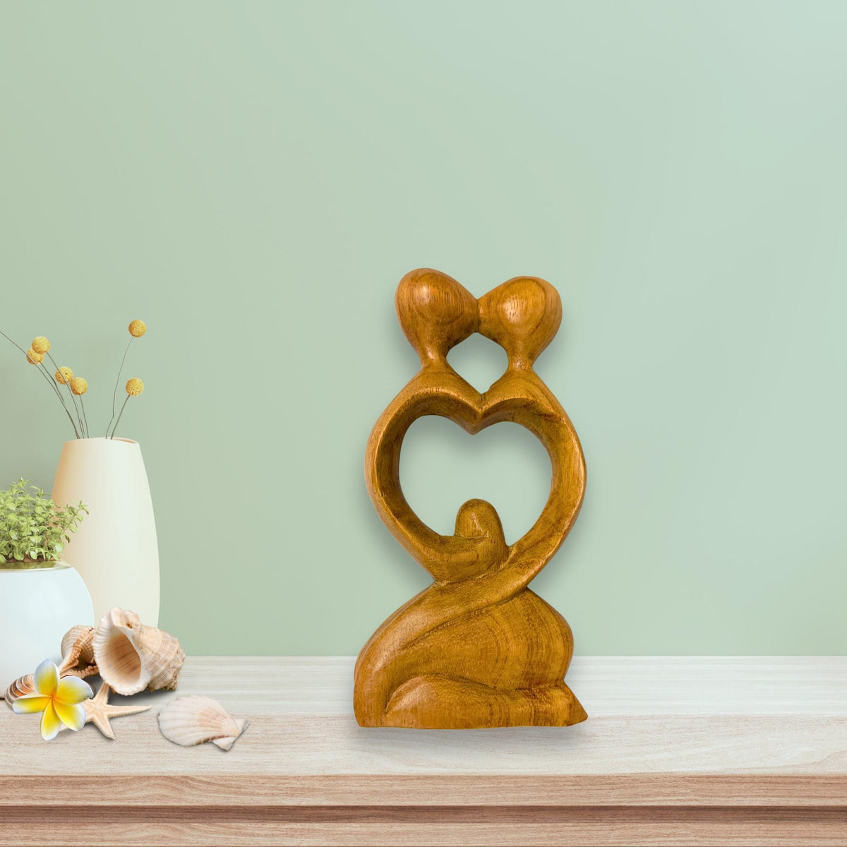 Balinese Abstract Heart Loving Couple Sculpture - Hand Carved Wood Statue Bali art - Acadia World Traders