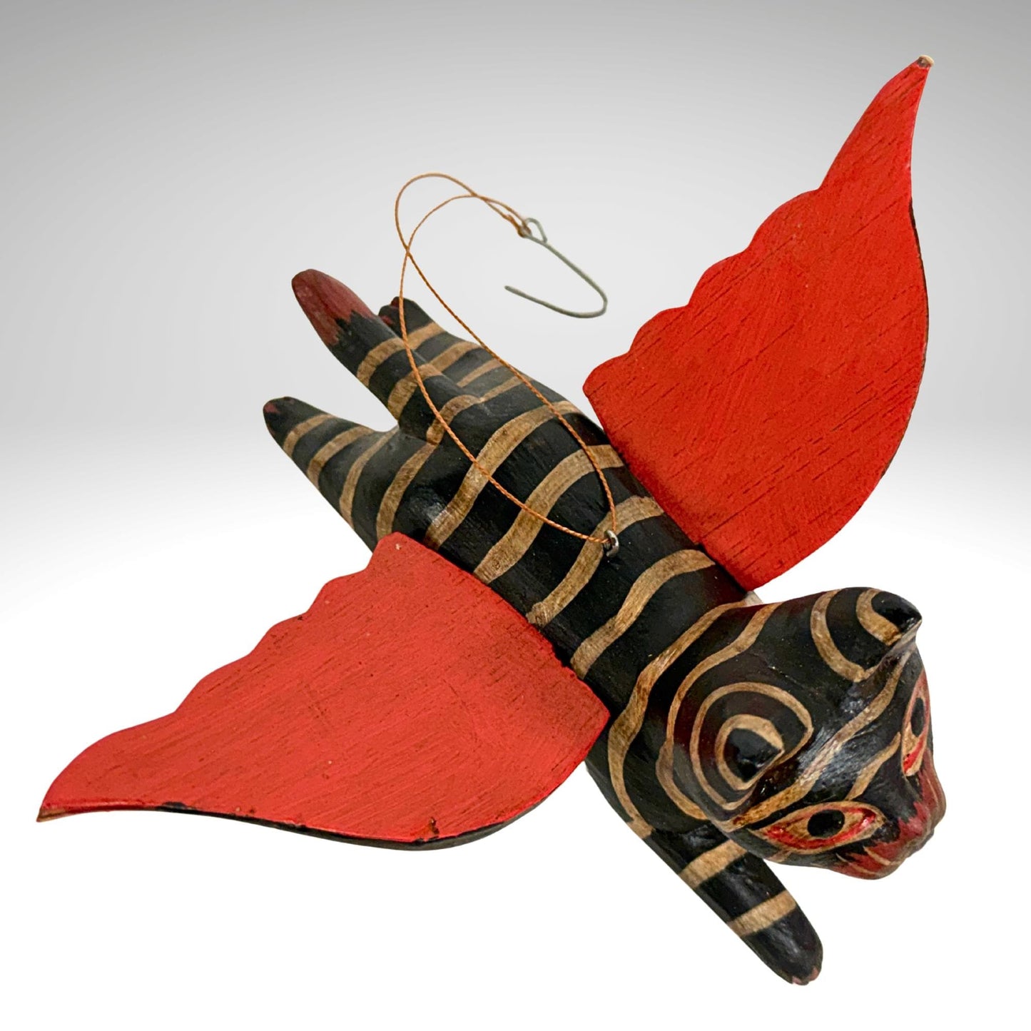 Flying Black Striped Tiger Cat Mobile, Carved Wood Balinese Demon Chaser Folk Art 6"