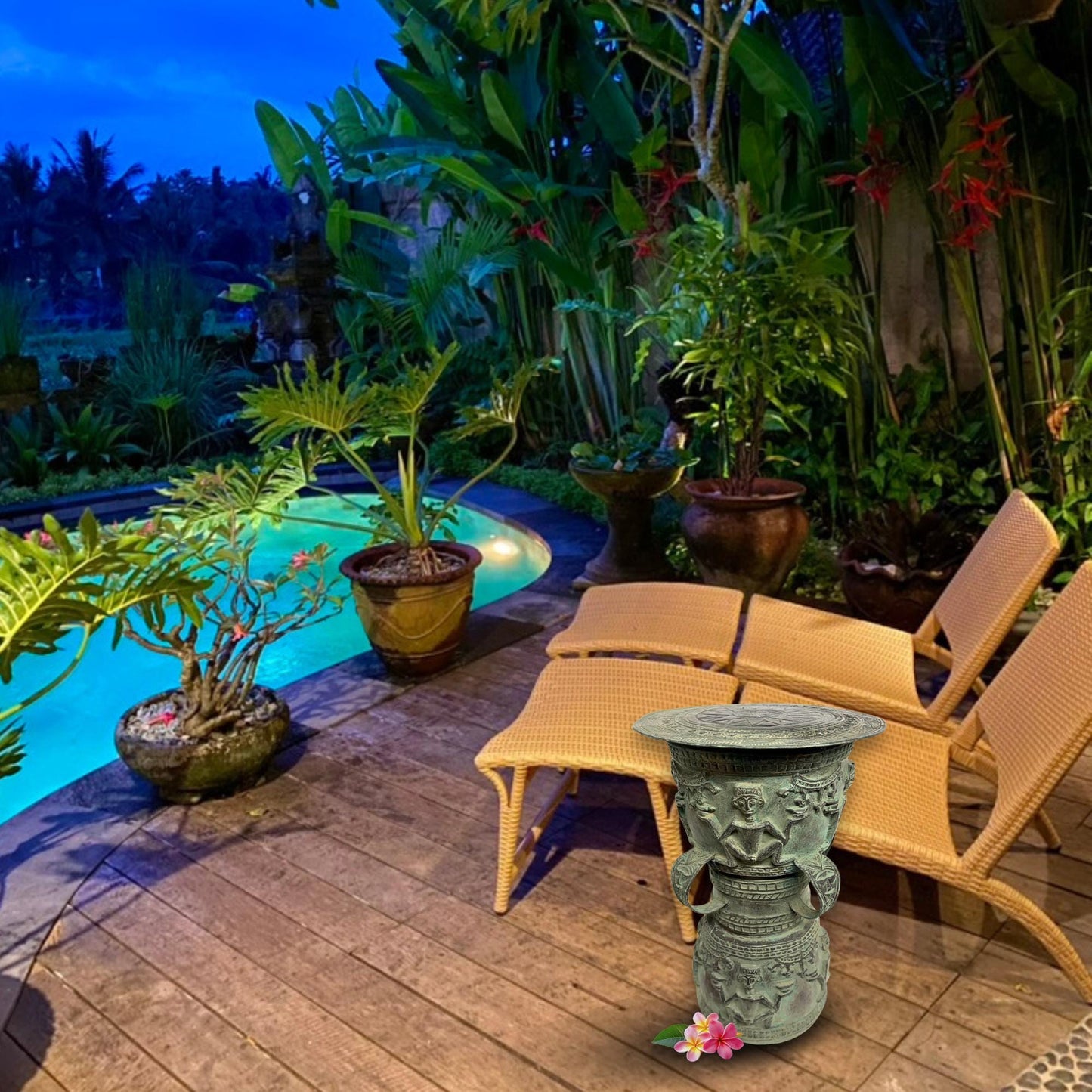 Vintage Balinese Bronze Rain Drum Side Table: Indonesian Art