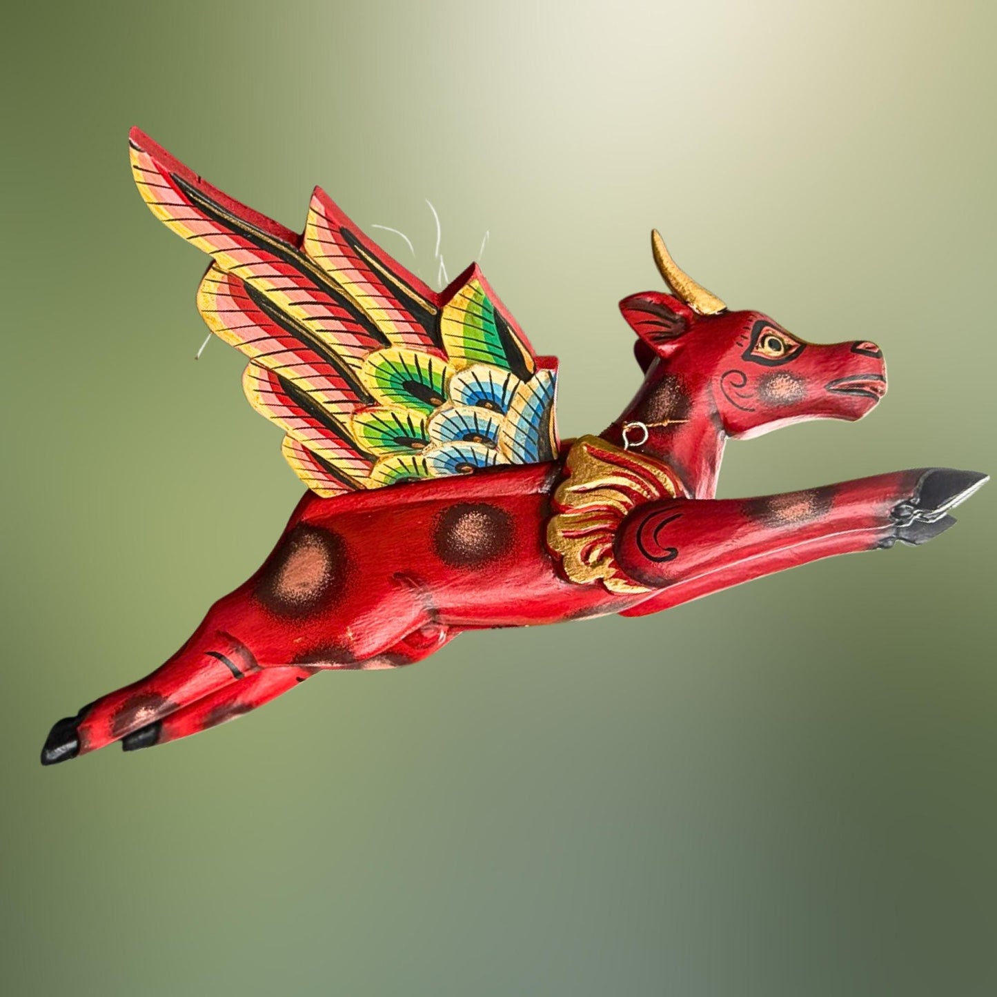 Flying Red Bull Balinese Spirit Chaser Mobile: Hand-Carved Wood Boho Decor, Folk Art