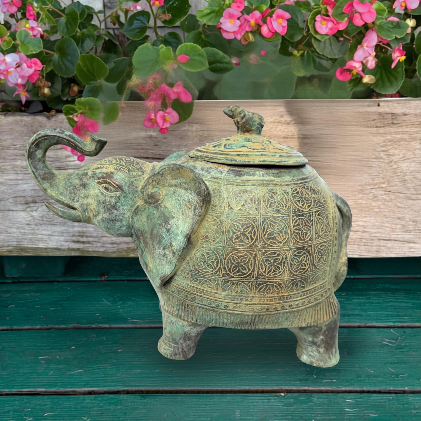 Indonesian Bronze Elephant Figure: Betel Nut Medicine Container , Vintage Verdigris Patina Folk Art