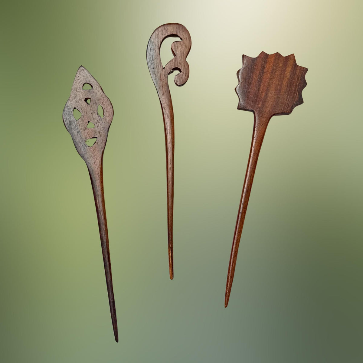 Carved Wooden Hair Pick Stick; Balinese Wood Hair Jewelry, Lotus, Celtic Knot, Fern Tip