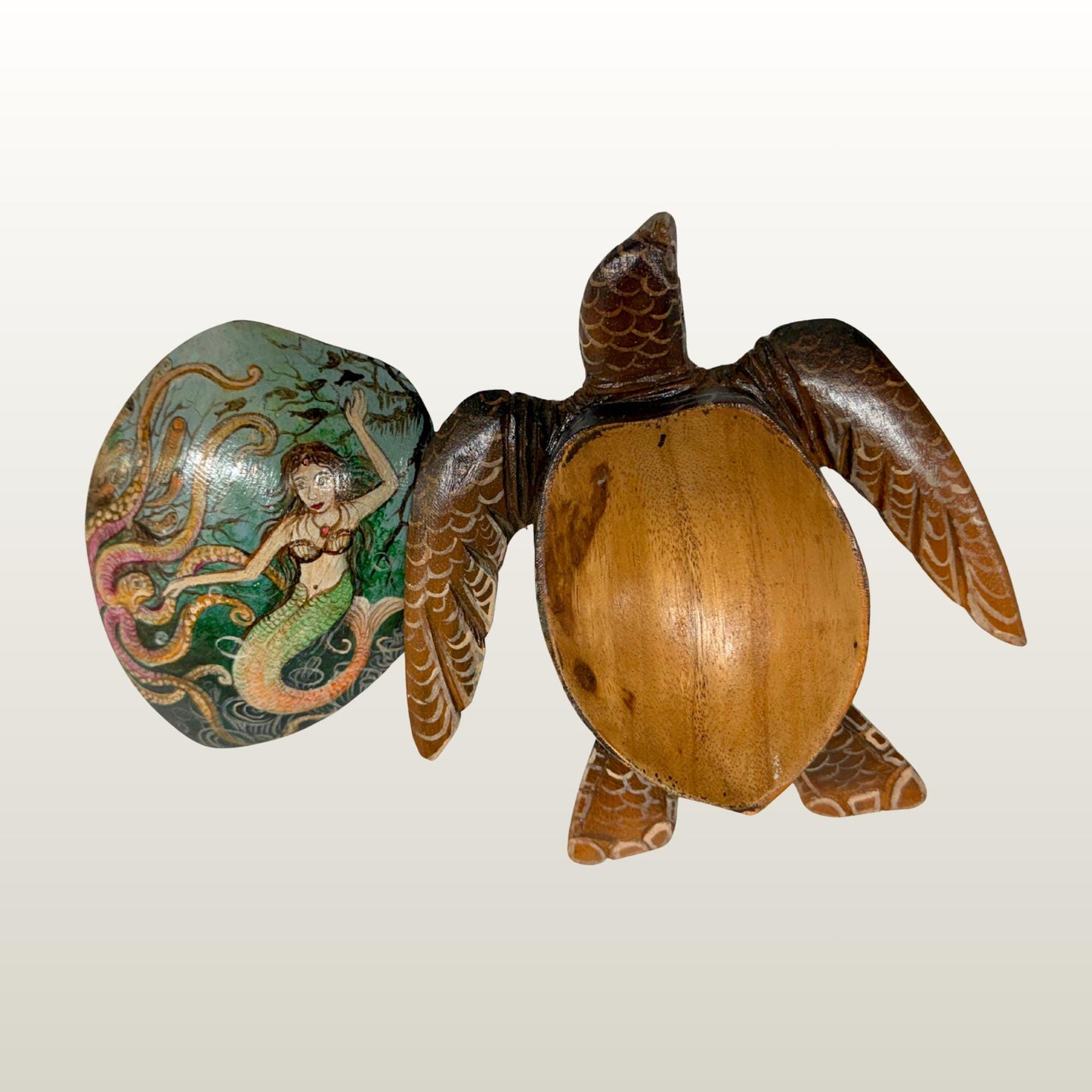 Sea Turtle Mermaid & Octopus Trinket Stash Jewelry Box hand painted Wood carving Balinese Art