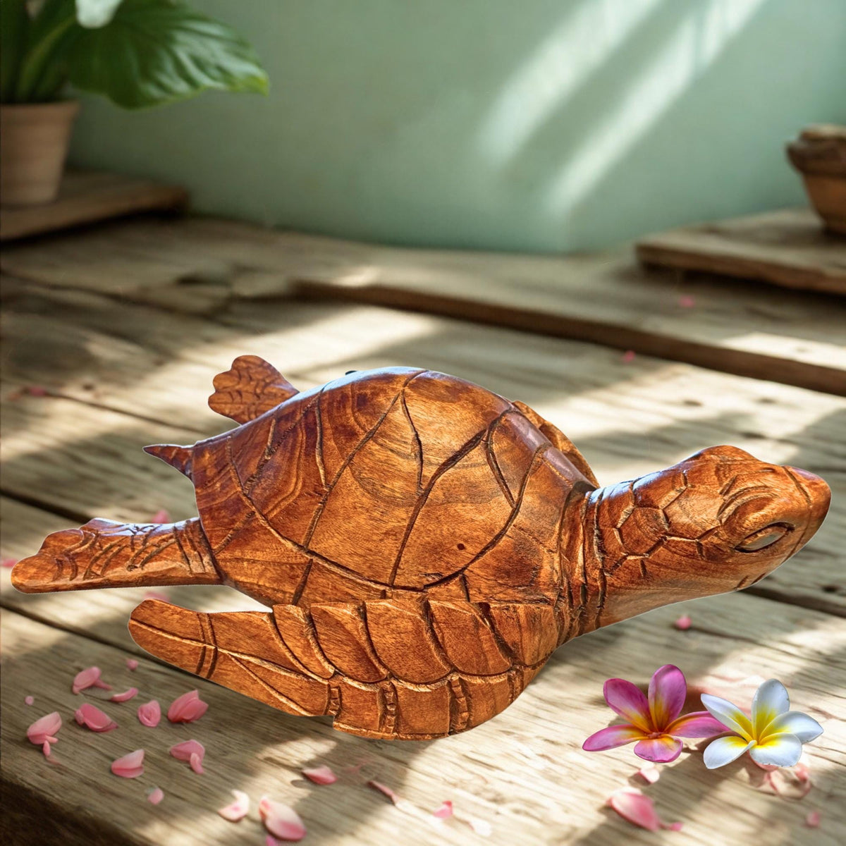 Sea Turtle Sculpture Hand Carved Wood Sea Life Statue, Coastal Nautical Art 16”
