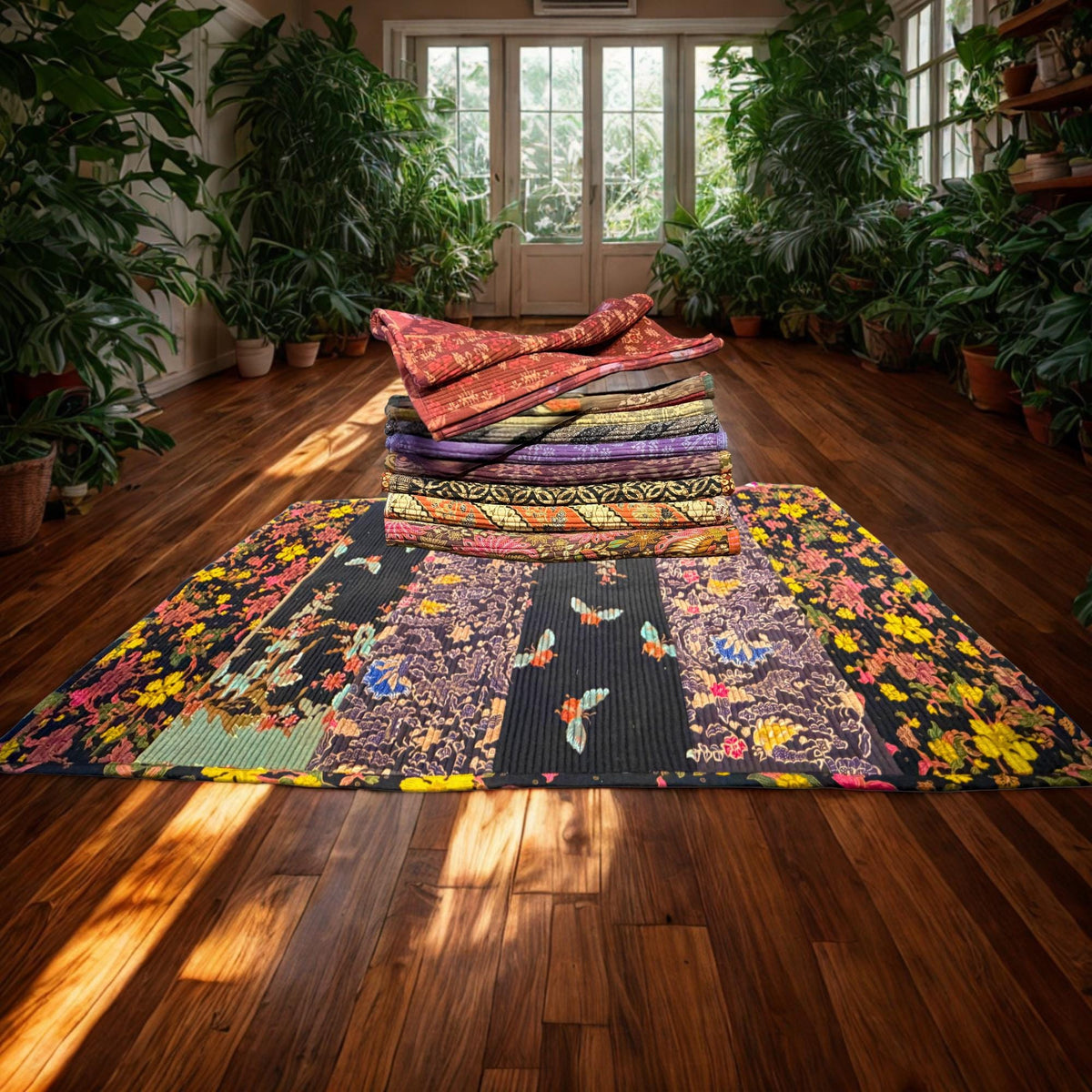Vintage Batik Patchwork Accent Rug, Indonesian Handmade Carpet, Floral Geometric Upcycled Fabric