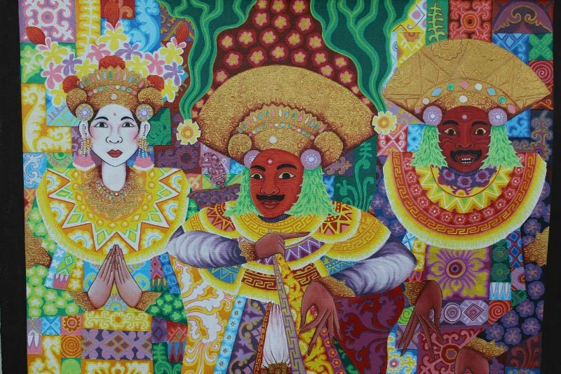Balinese Topeng Mask Dancers Painting Signed Agung Ubud Bali Wall Decor Art