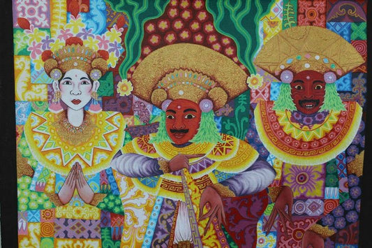 Balinese Topeng Mask Dancers Painting Signed Agung Ubud Bali Wall Decor Art - Acadia World Traders