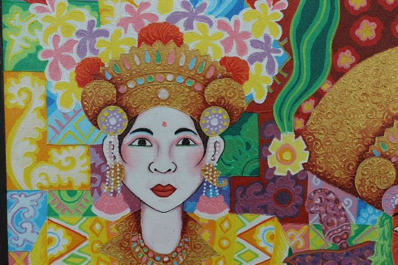 Balinese Topeng Mask Dancers Painting Signed Agung Ubud Bali Wall Decor Art