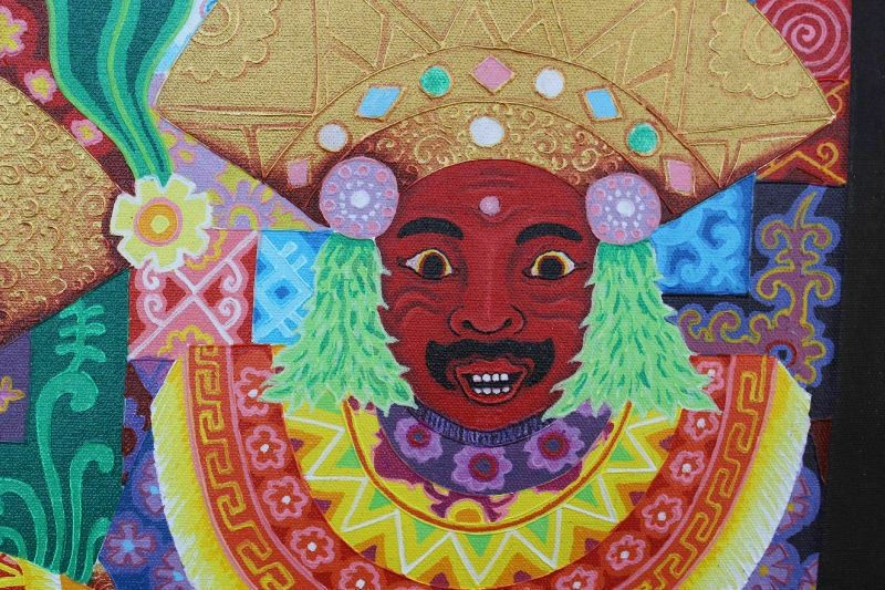 Balinese Topeng Mask Dancers Painting Signed Agung Ubud Bali Wall Decor Art