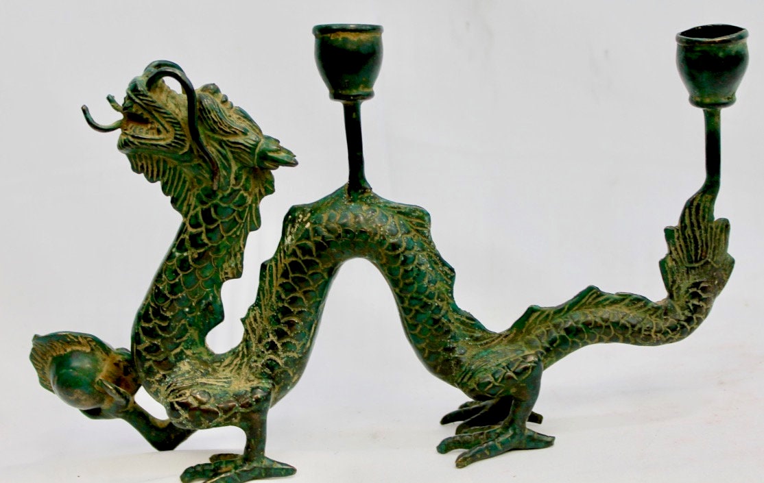 Cosmic Dragon Naga Pearl Bronze Candelabra Statue Candle holder