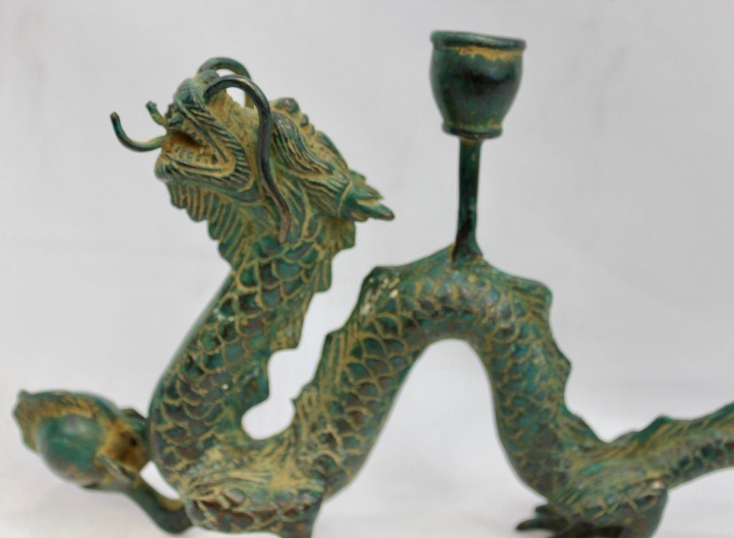 Cosmic Dragon Naga Pearl Bronze Candelabra Statue Candle holder